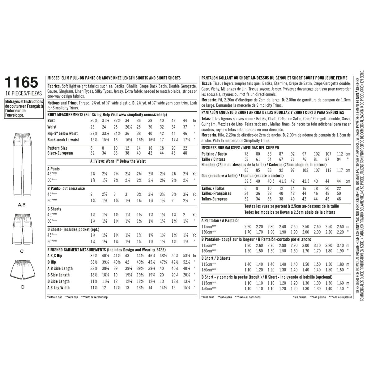 Simplicity Sewing Pattern 1165 Misses' Pull-on Trousers, Long or Short Shorts