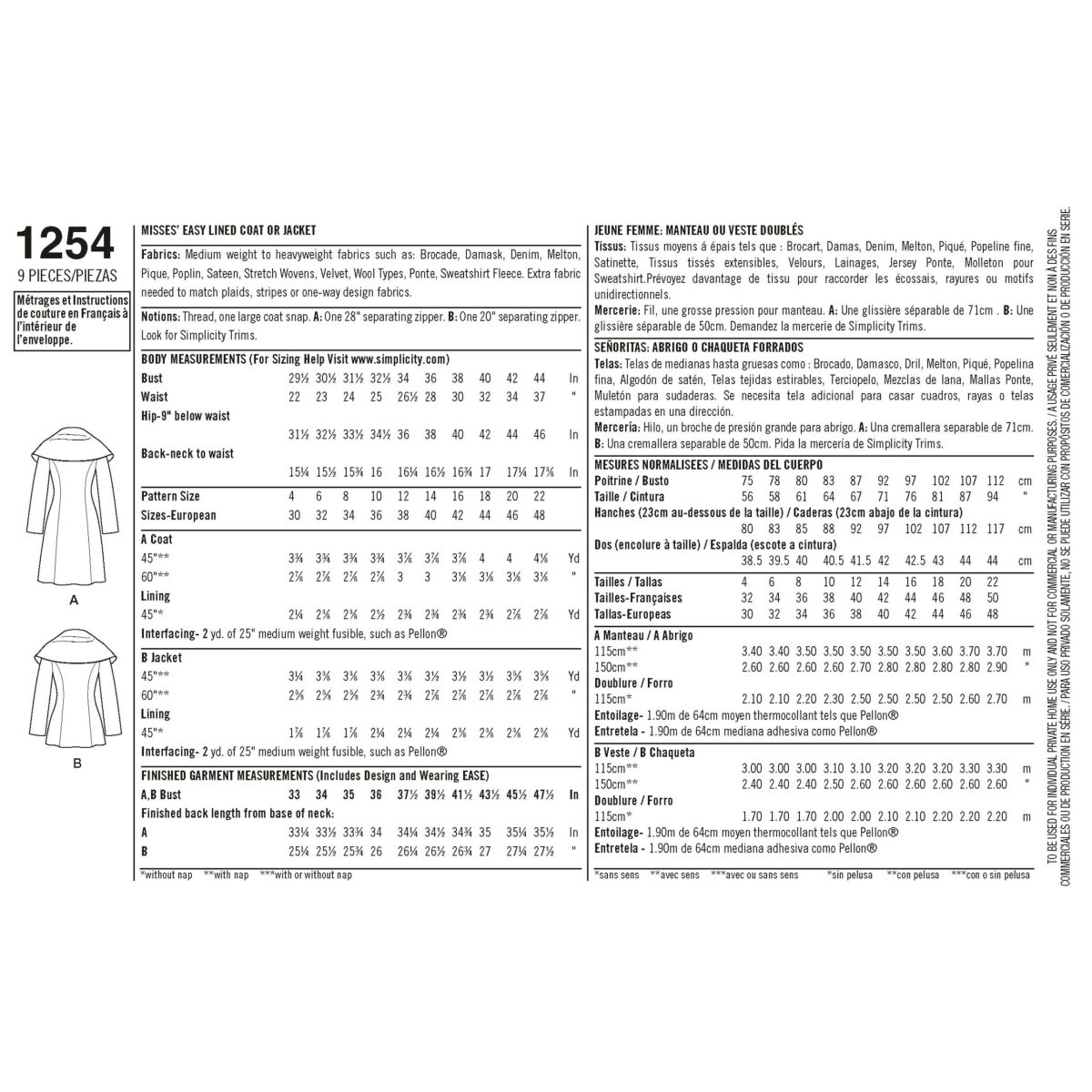 Simplicity Sewing Pattern 1254 Misses' Leanne Marshall Easy Lined Coat or Jacket