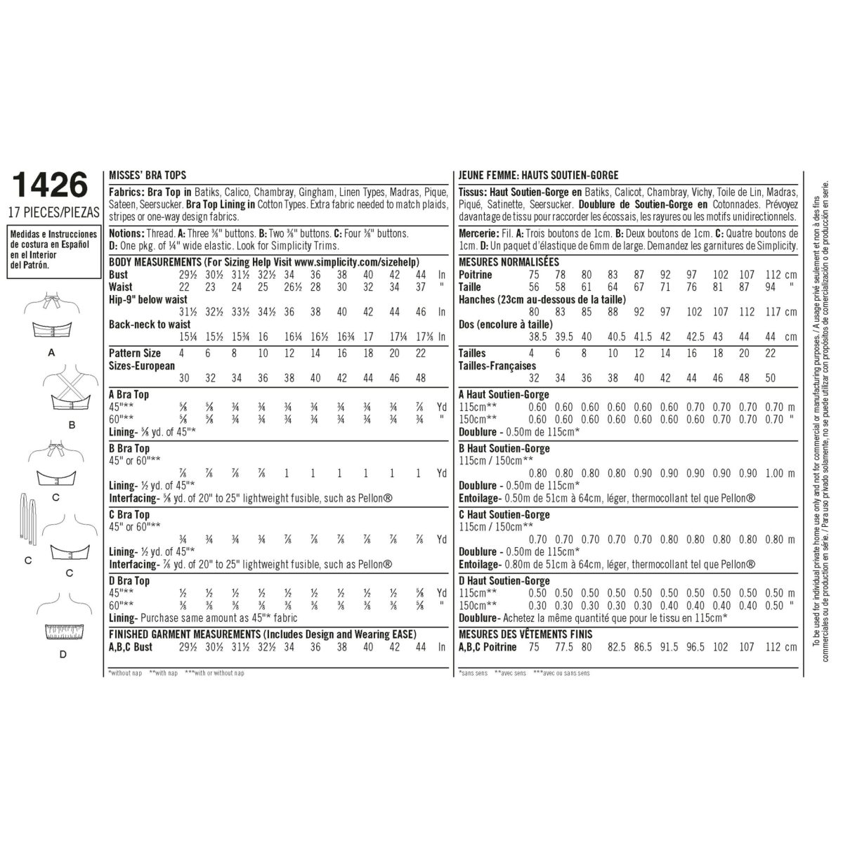 Simplicity Sewing Pattern 1426 Misses' Vintage 1950's Bra Tops