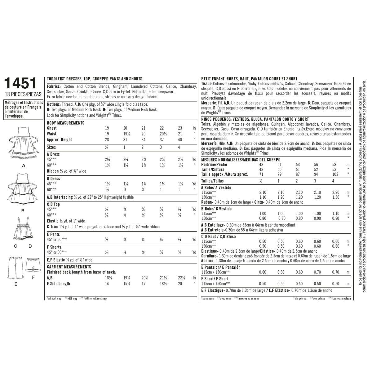 Simplicity Sewing Pattern 1451 Toddlers' Dresses, Top, Cropped Trousers and Shorts