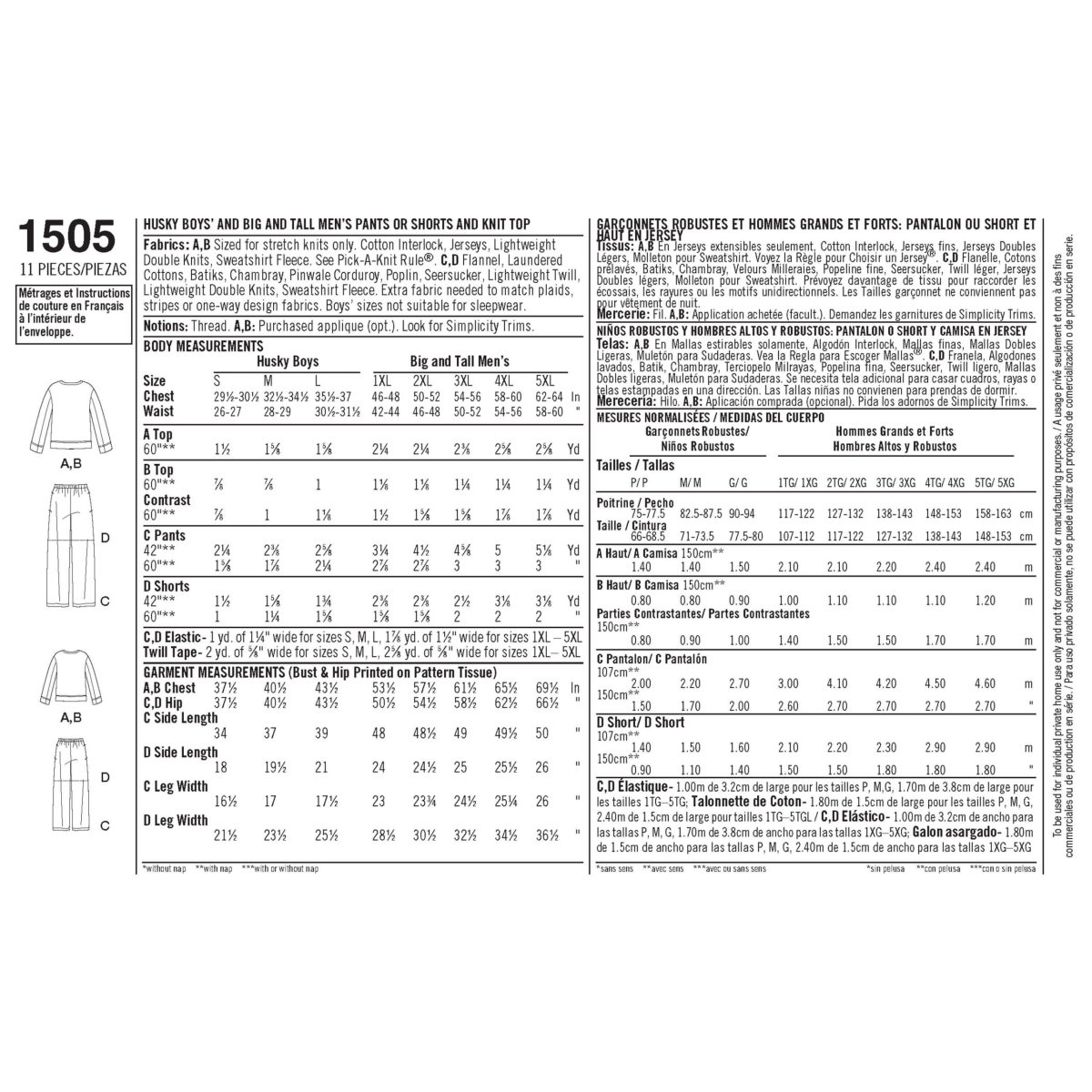 Simplicity Sewing Pattern 1505 Husky Boys' & Big & Tall Men's Tops and Trousers