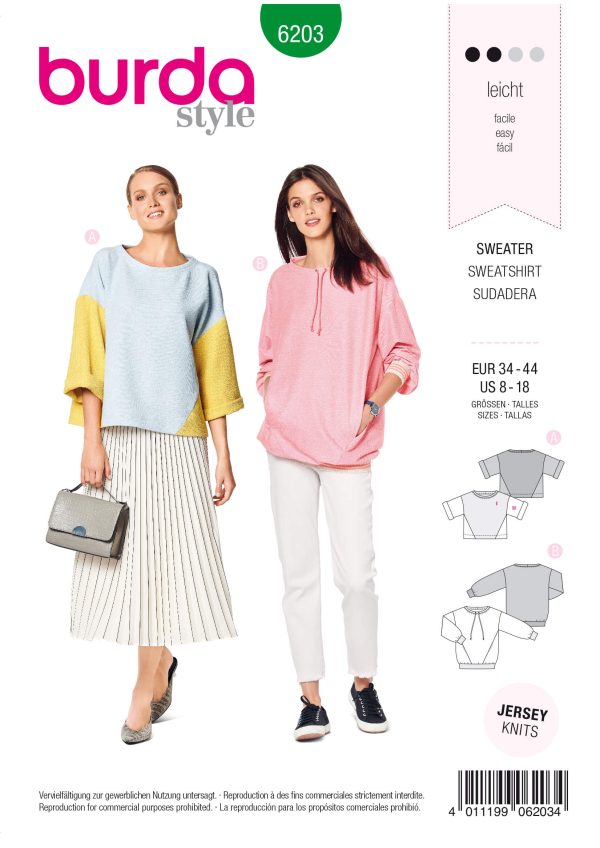 Burda Style Pattern 6203 Misses' Sweatshirts With Sleeve, Hem & Neckline Variations