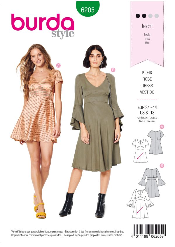 Burda Style Pattern 6205 Misses' Dresses With Empire Waistline