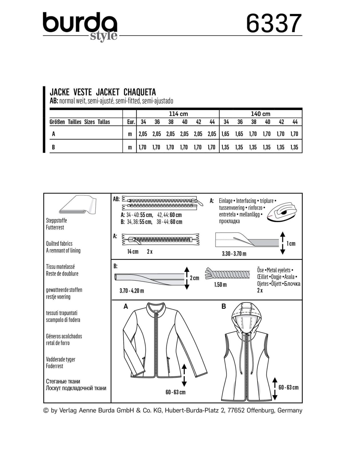 Burda Style Pattern 6337 Misses' quilted jacket