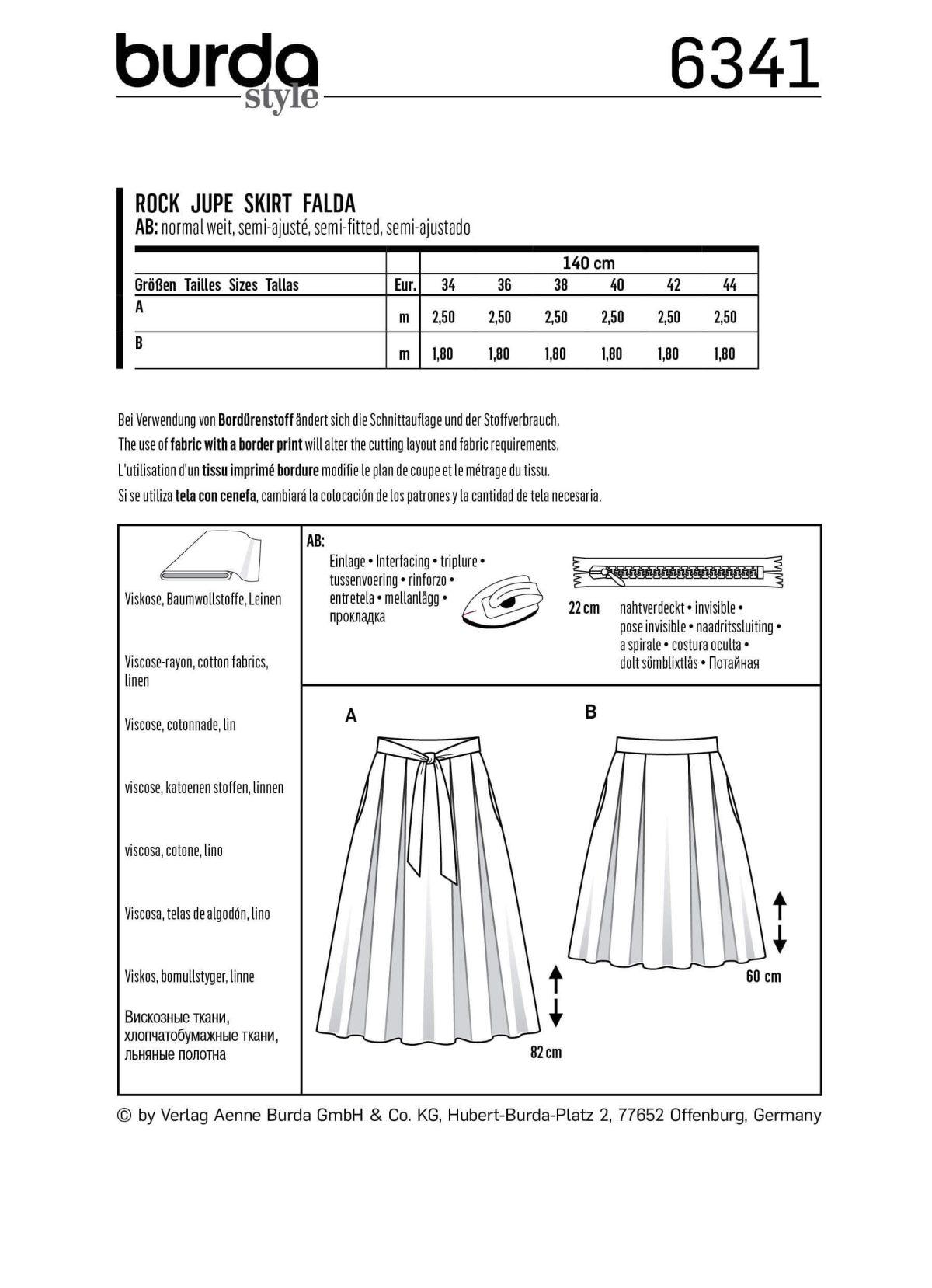 Burda Style Pattern 6341 Misses' inverted pleat skirt