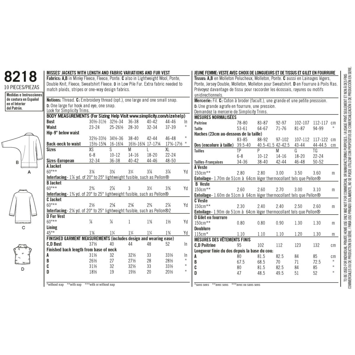 Simplicity Pattern 8218 Misses' Easy-to-Sew Jackets and Vest
