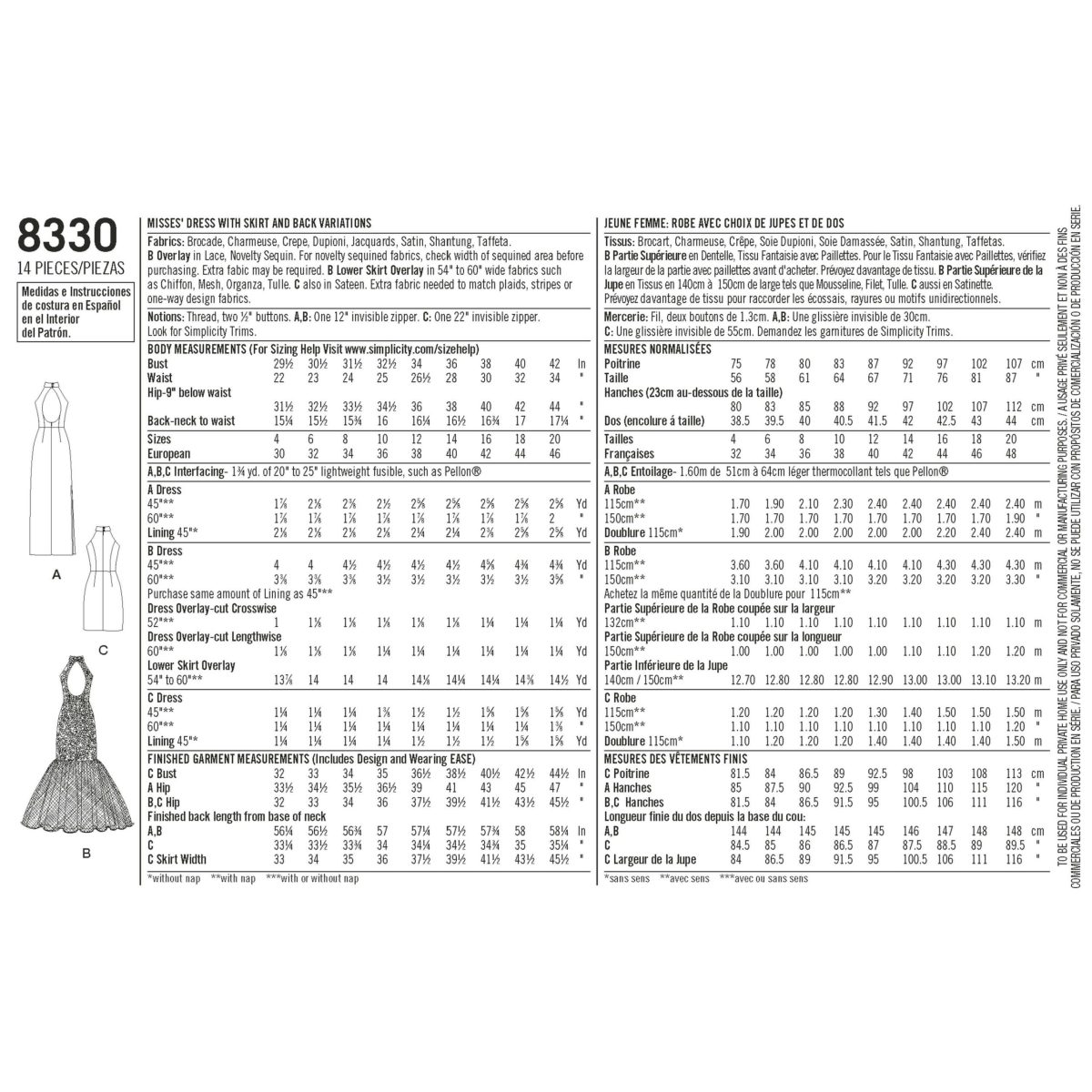 Simplicity Pattern 8330 Misses' Dress with Skirt and Back Variations