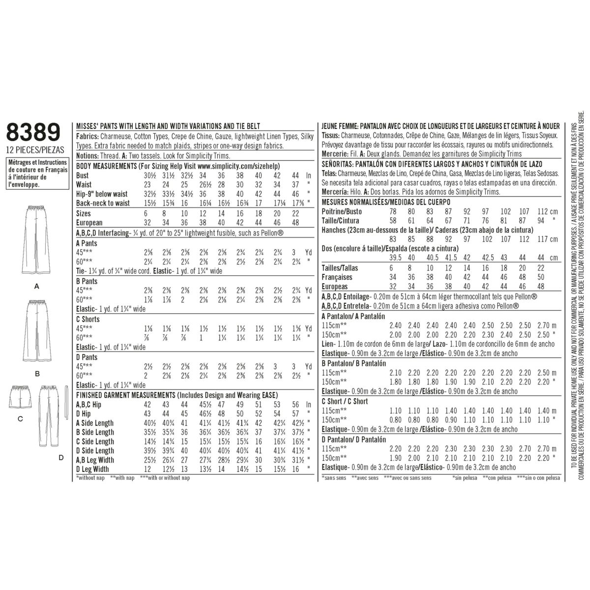 Simplicity Pattern 8389 Misses' Trousers with Length and Width Variations and Tie Belt