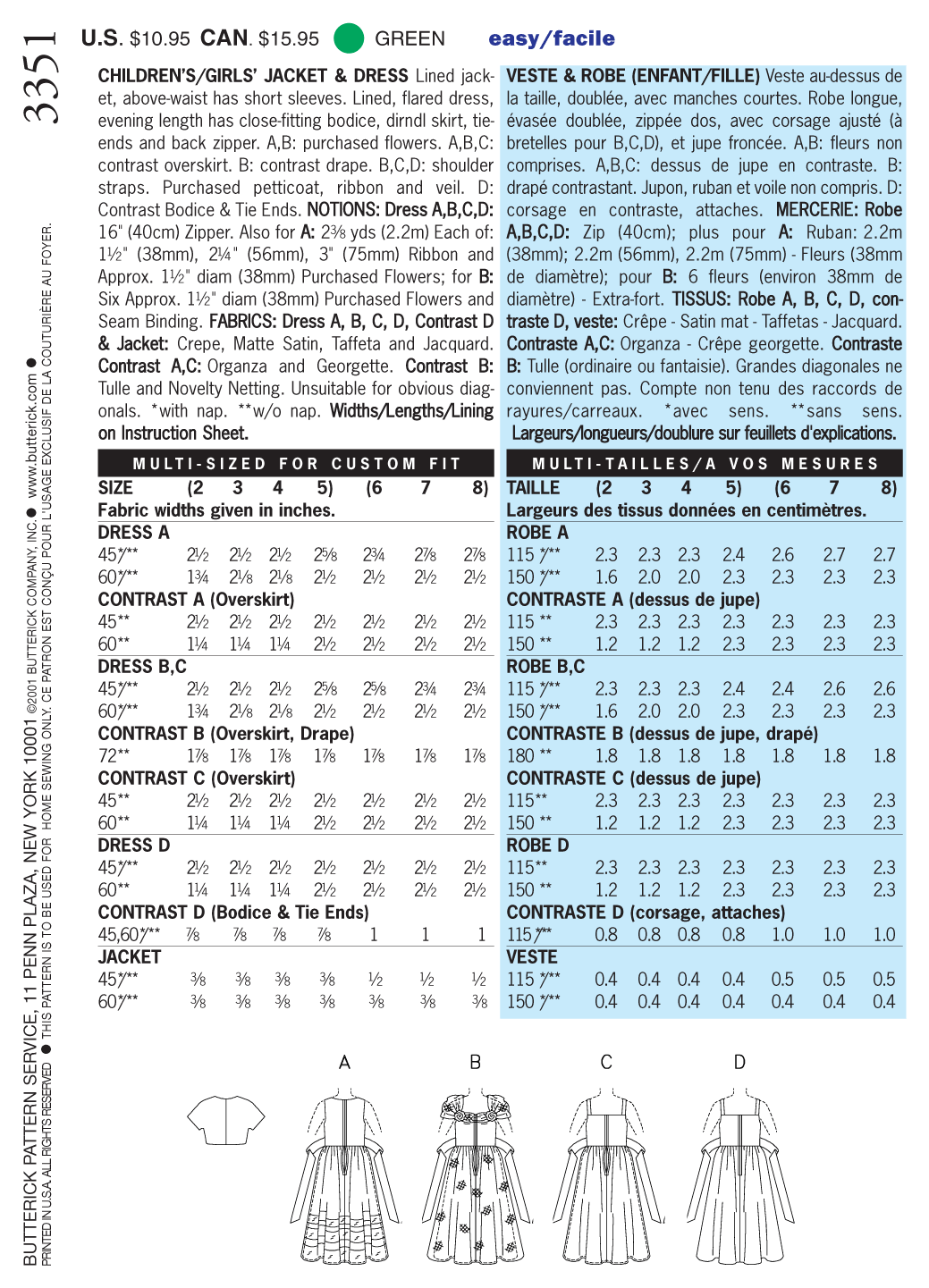 Butterick Sewing Pattern B3351 Children's/Girls' Jacket & Dress