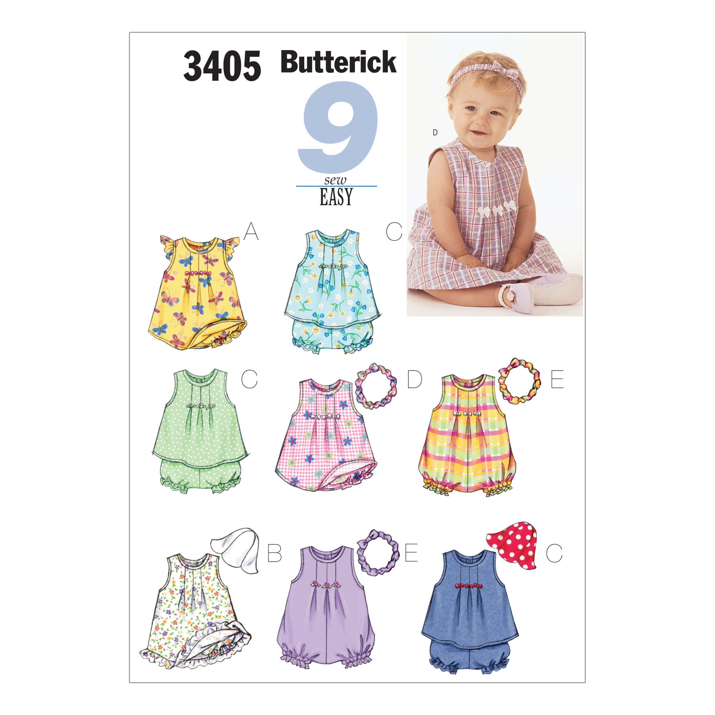 Butterick Sewing Pattern B3405 Infants' Dress, Top, Romper, Panties, Hat & Headband