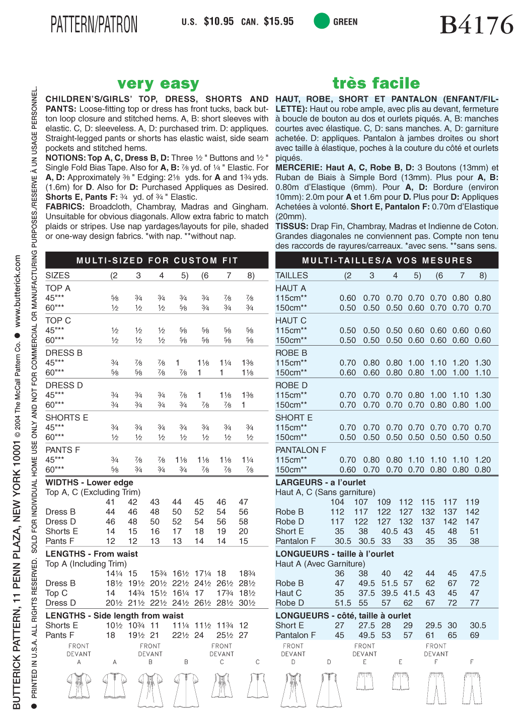 Butterick Sewing Pattern B4176 Children's/Girls' Top, Dress, Shorts and Pants
