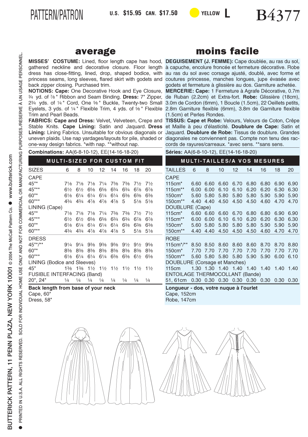 Butterick Sewing Pattern B4377 Misses' Costumes