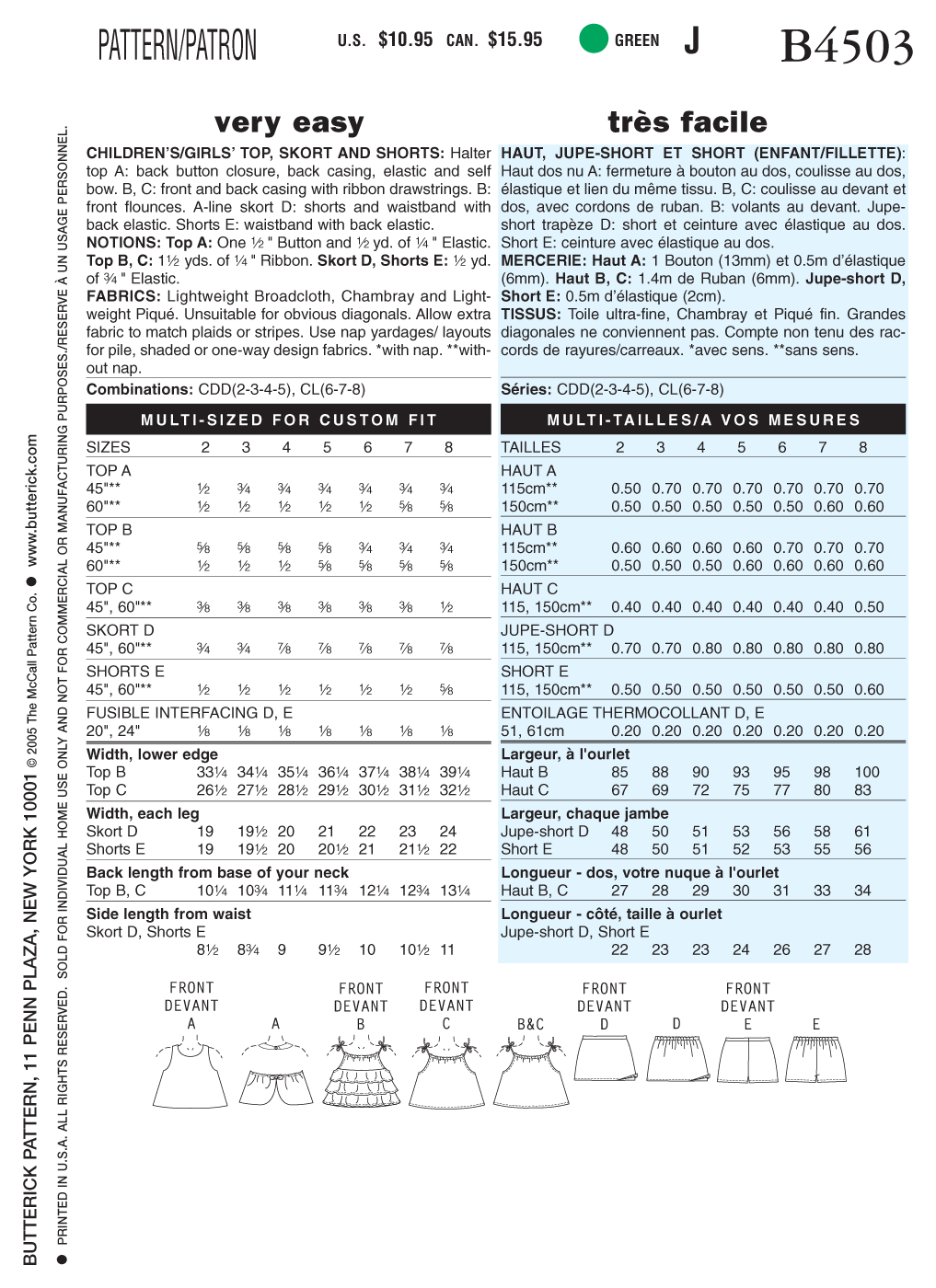 Butterick Sewing Pattern B4503 Children's/Girls' Top, Skort and Shorts