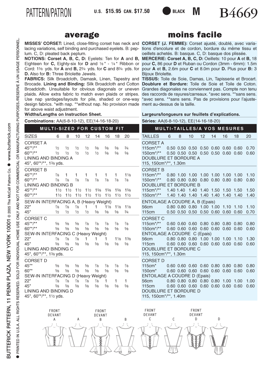 Butterick Sewing Pattern B4669 Misses' Corset