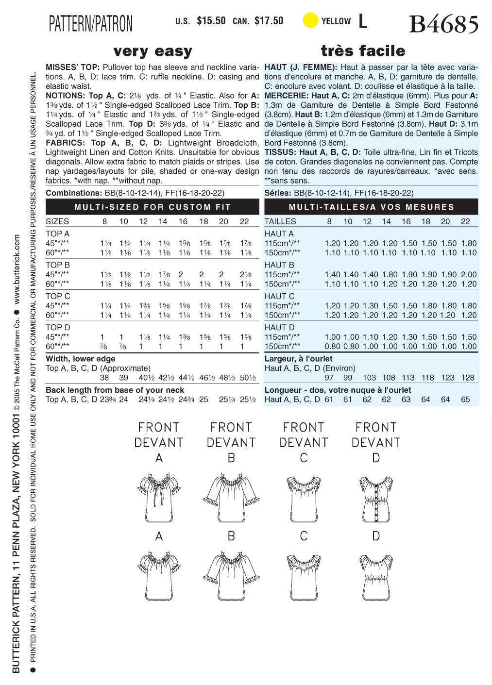 Butterick Sewing Pattern B4685 Misses' Top