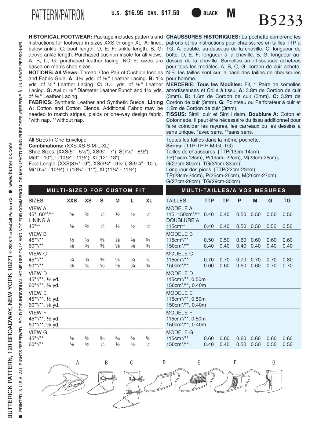Butterick Sewing Pattern B5233 Historical Footwear
