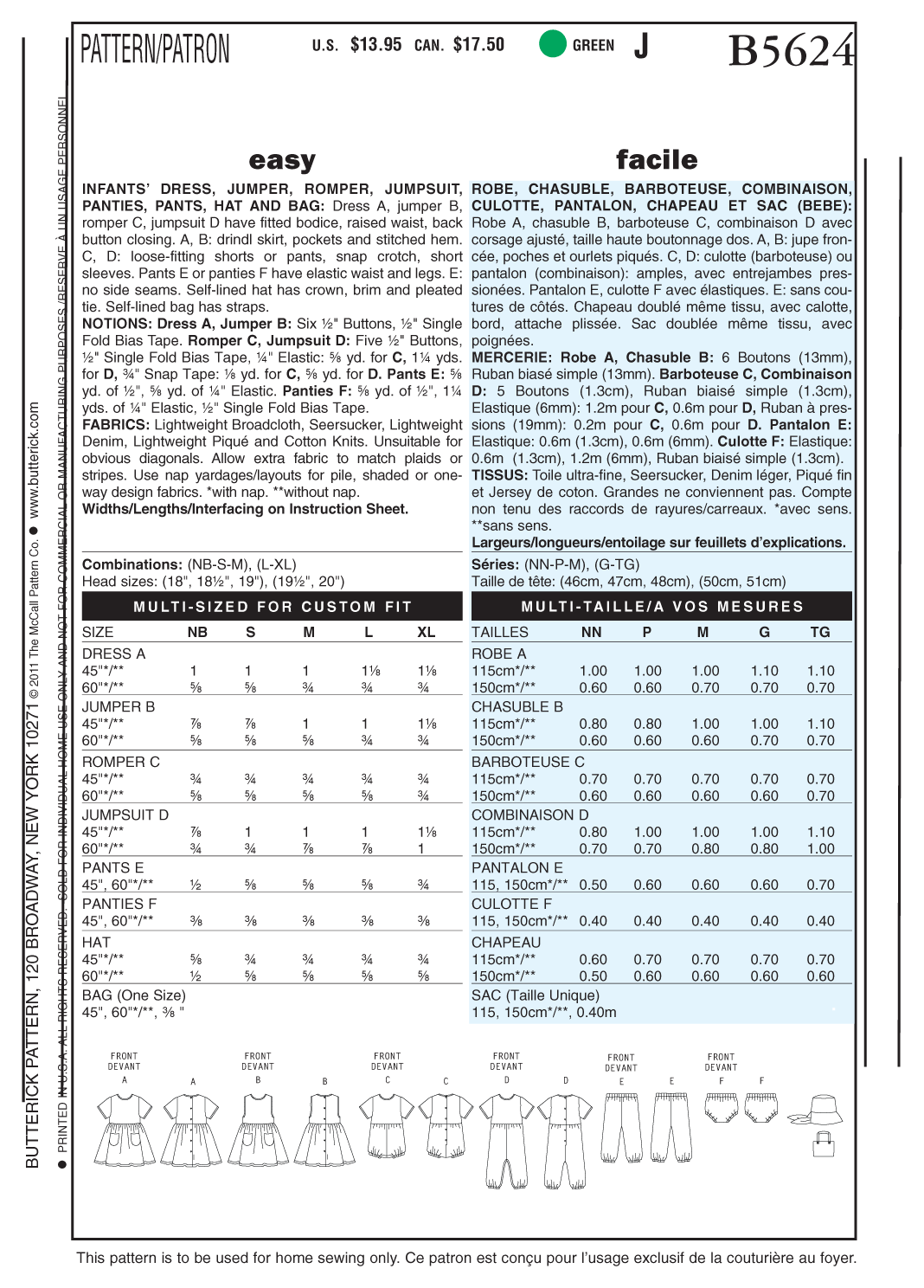 Butterick Sewing Pattern B5624 Infants' Dress, Jumper, Romper, Jumpsuit, Panties, Hat and Bag