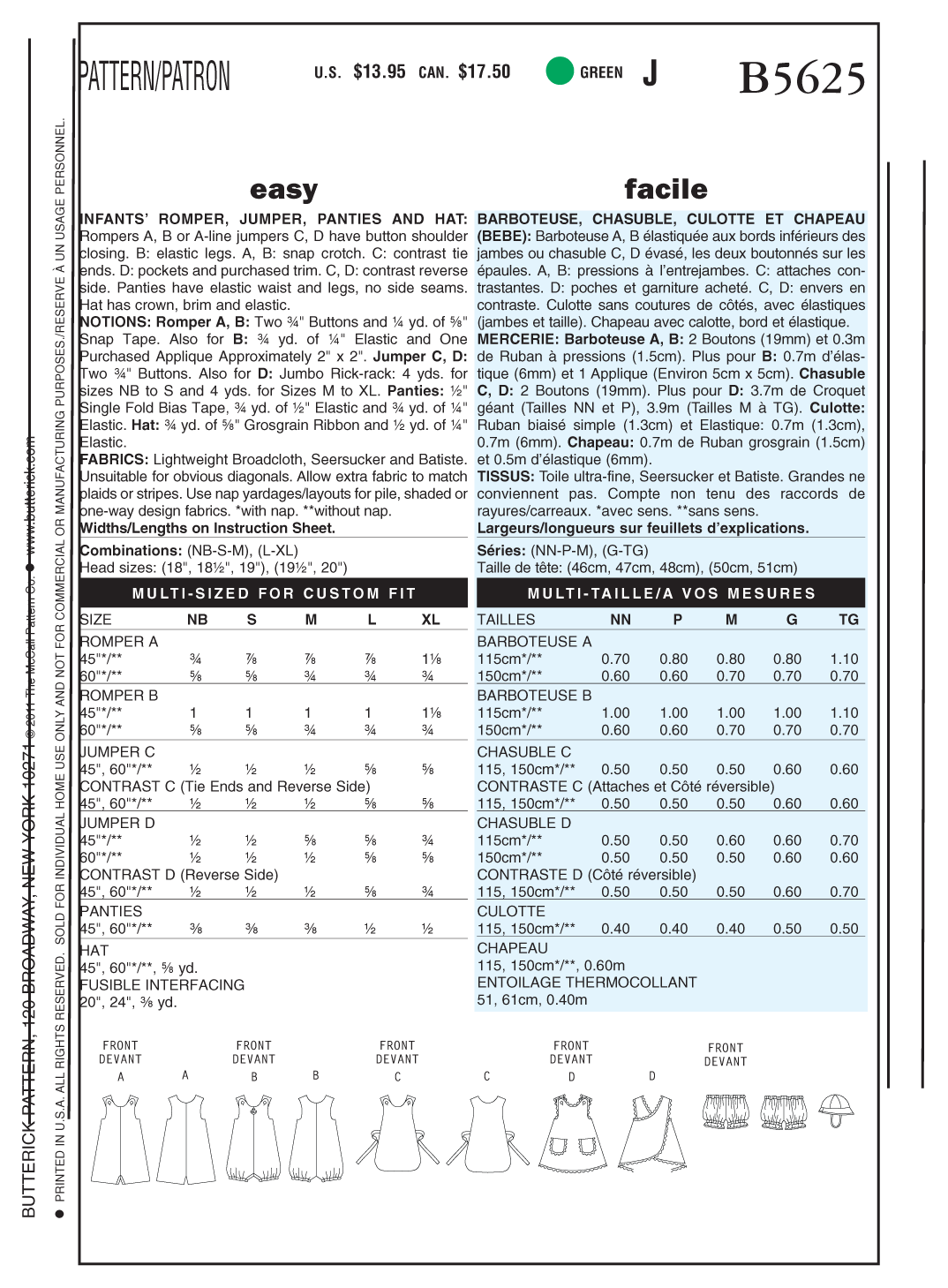 Butterick Sewing Pattern B5625 Infants' Romper, Jumper, Panties and Hat