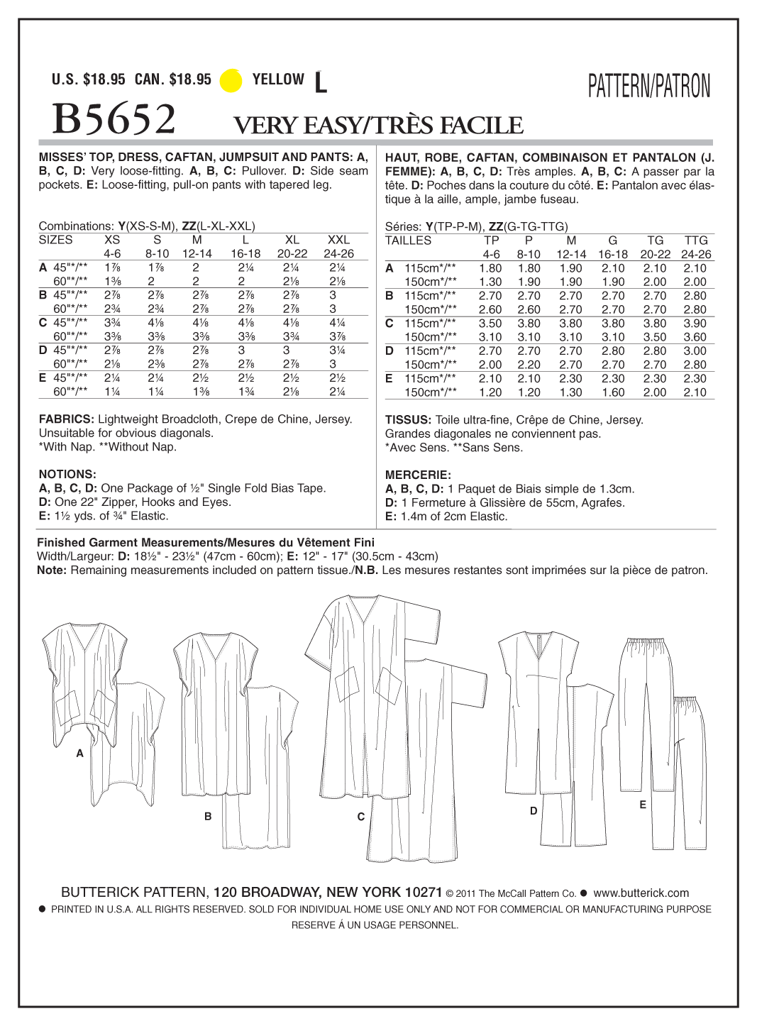 Butterick Sewing Pattern B5652 Misses' Top, Dress, Caftan, Jumpsuit and Pants
