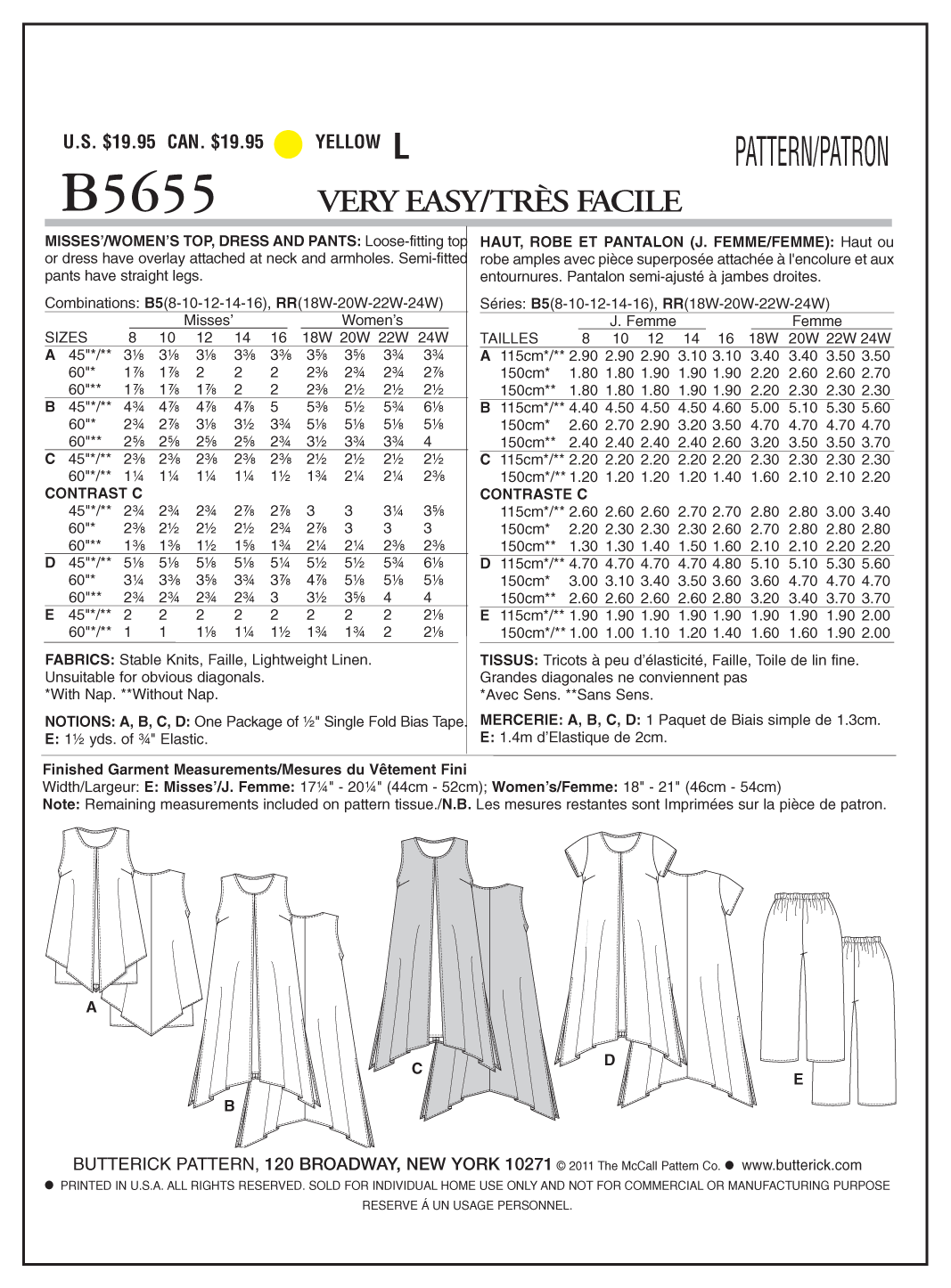 Butterick Sewing Pattern B5655 Misses'/Women's Top, Dress and Pants