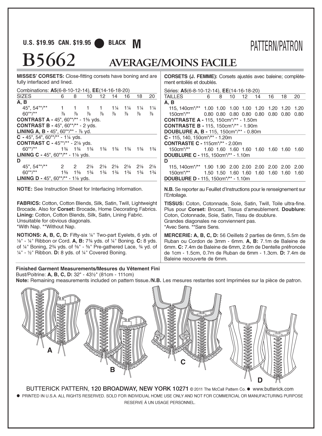 Butterick Sewing Pattern B5662 bMisses' Corsets