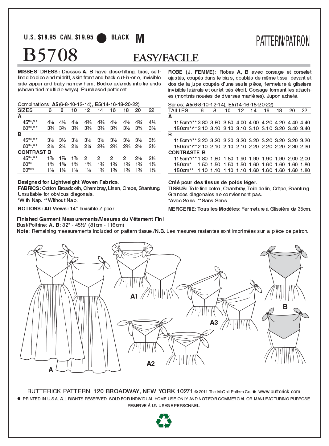 Butterick Sewing Pattern B5708 Misses' Dress