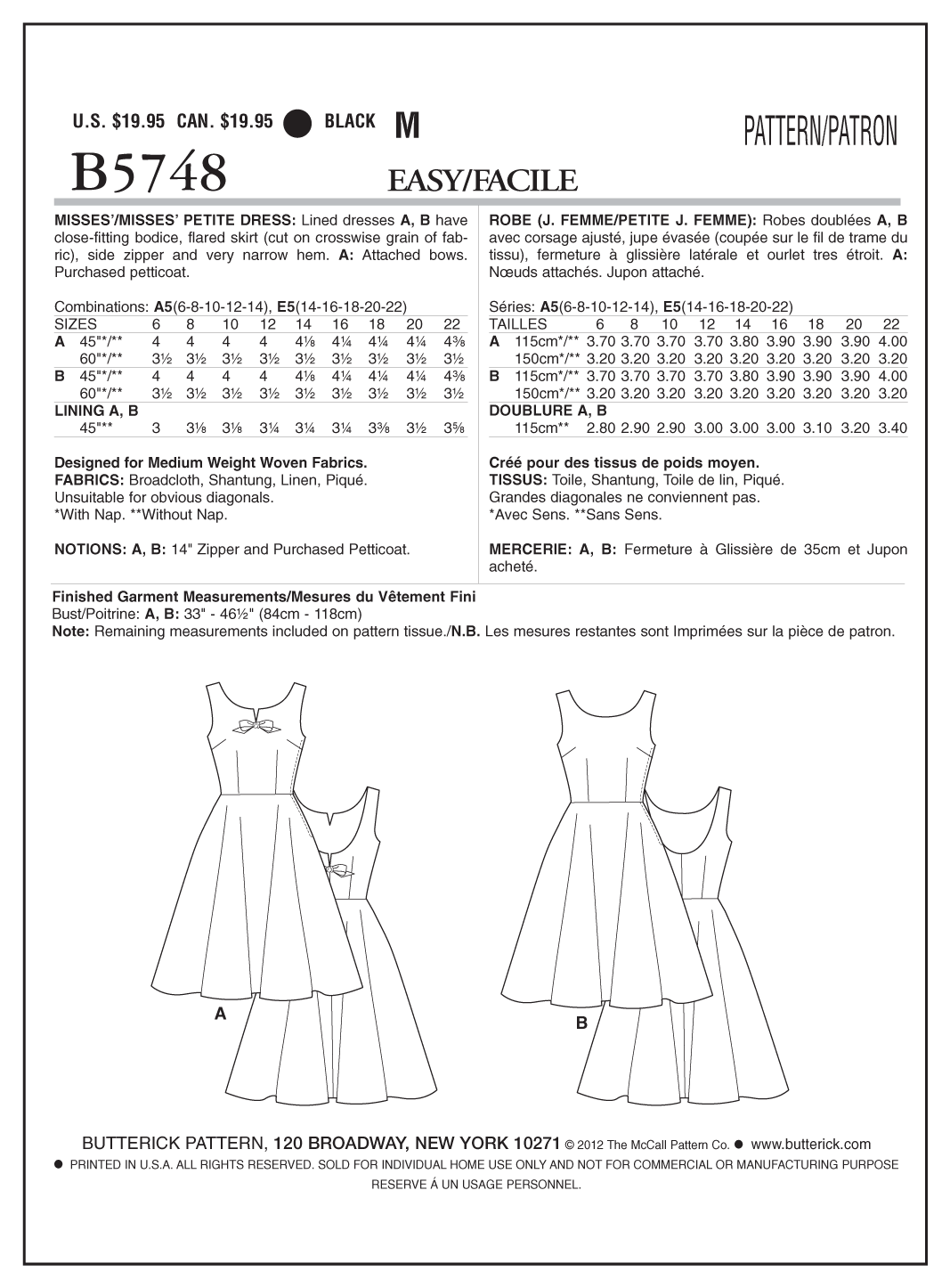 Butterick Sewing Pattern B5748 Misses'/Misses' Petite Dress