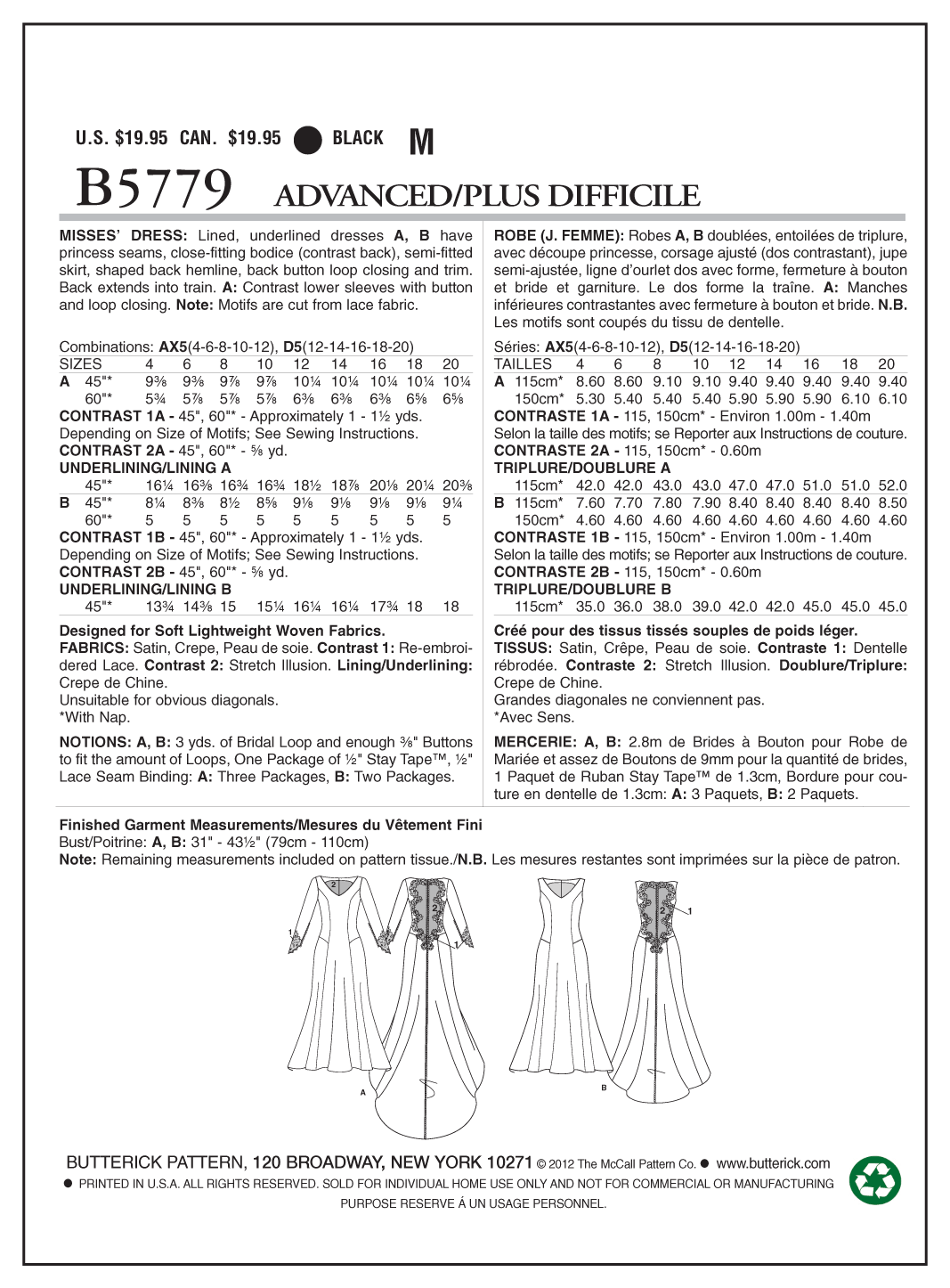 Butterick Sewing Pattern B5779 Misses' Bridal Dress