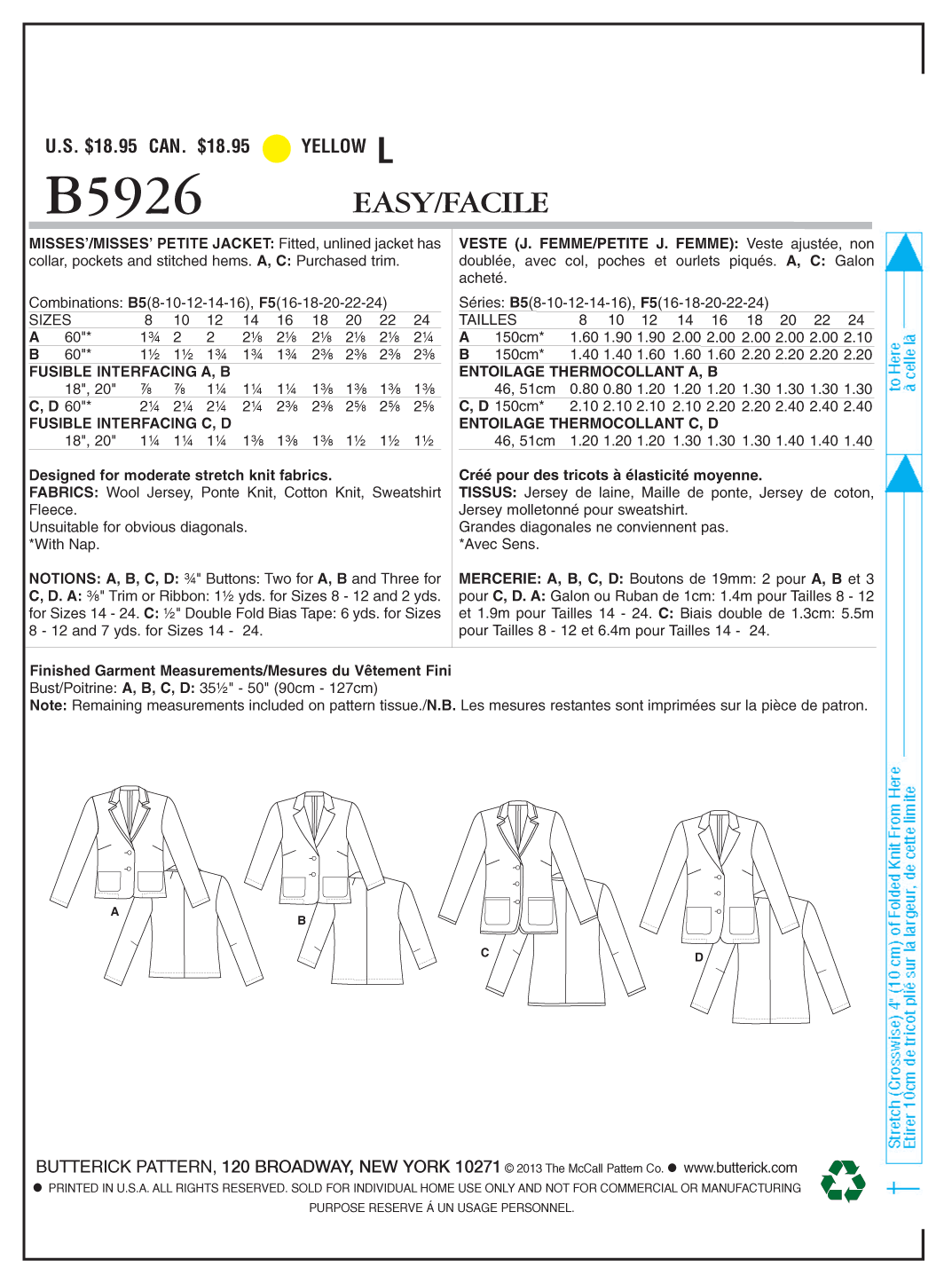 Butterick Sewing Pattern B5926 Misses'/Misses' Petite Jacket