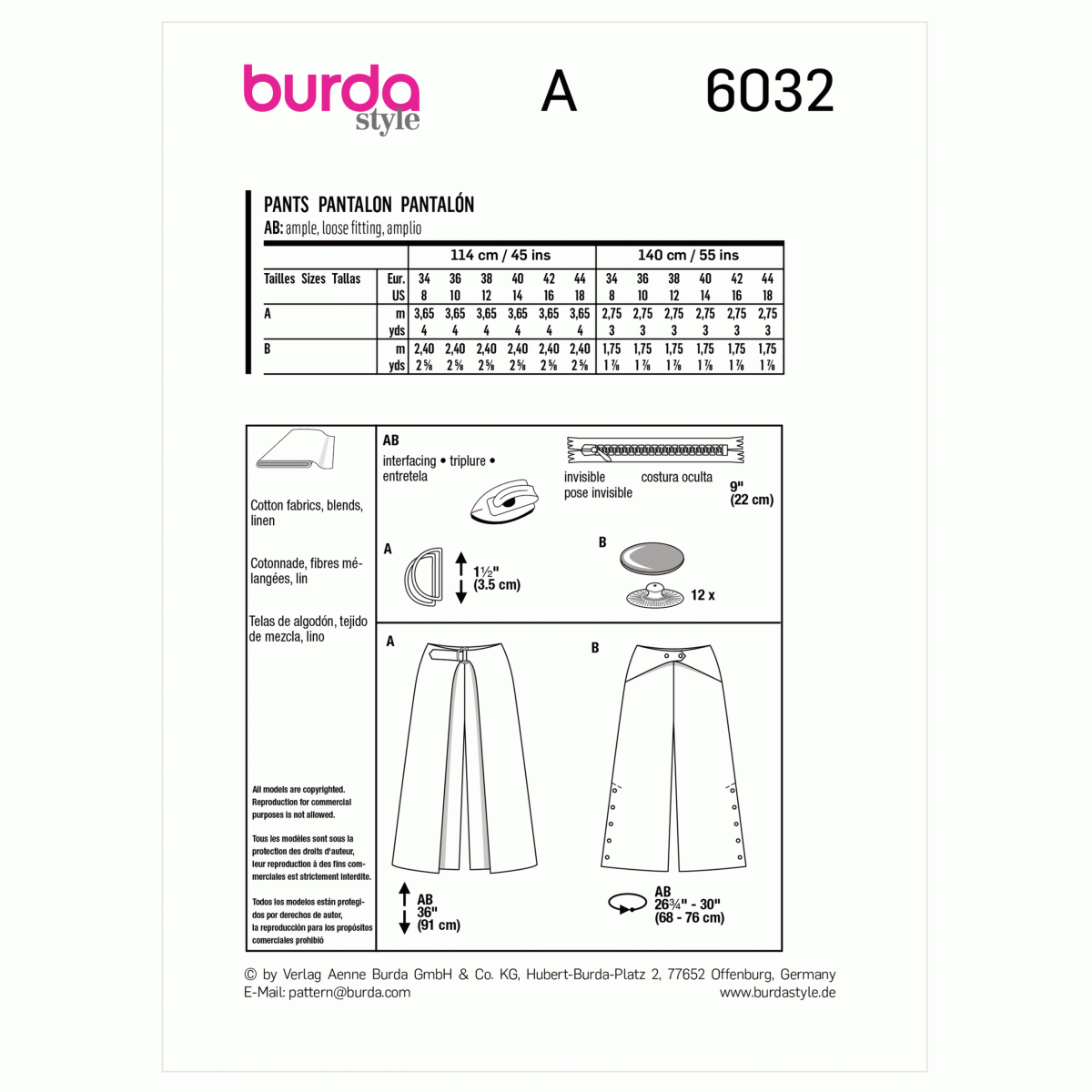 Burda Style Pattern 6032 Misses' Culottes