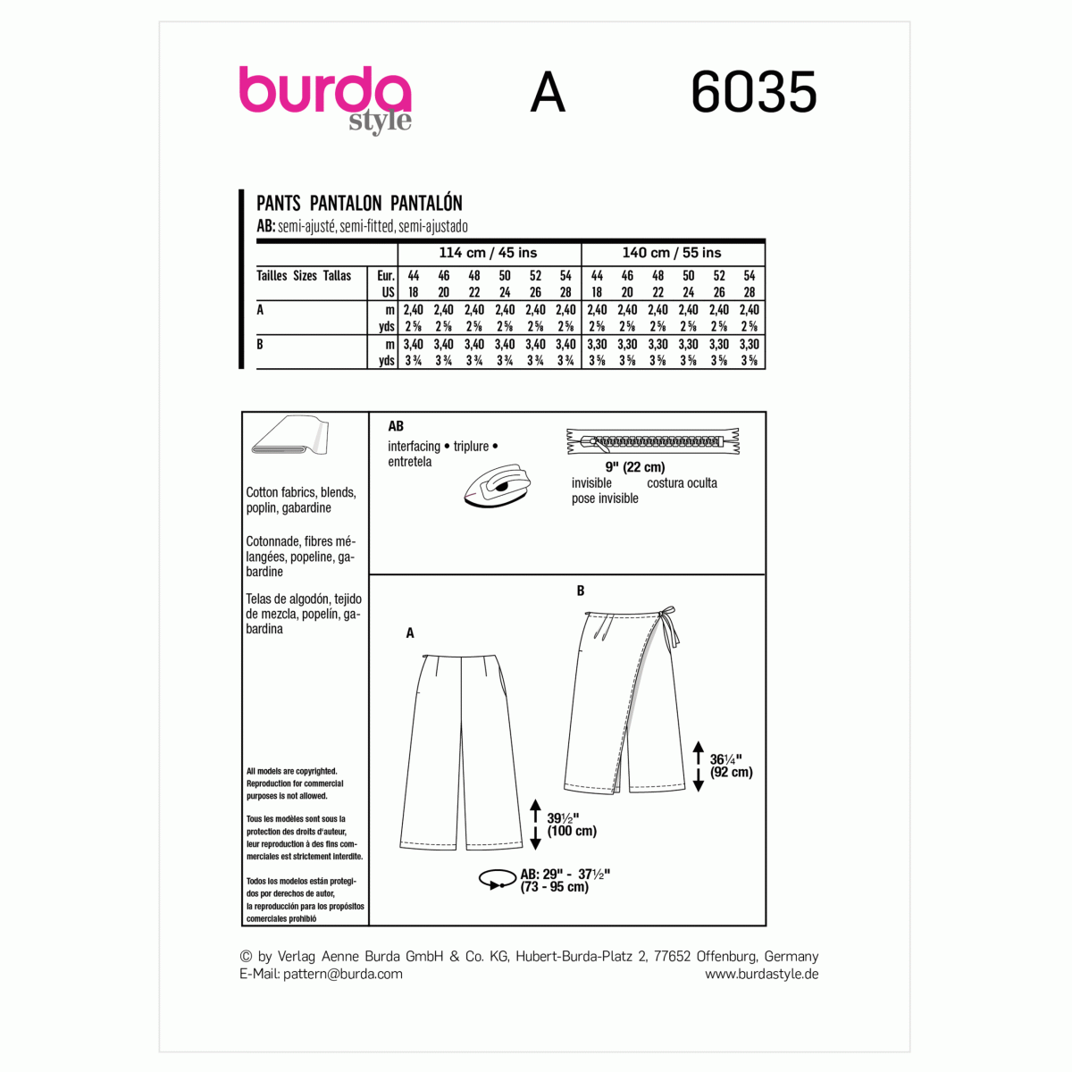 Burda Style Pattern 6035 Misses' Trousers and Culottes