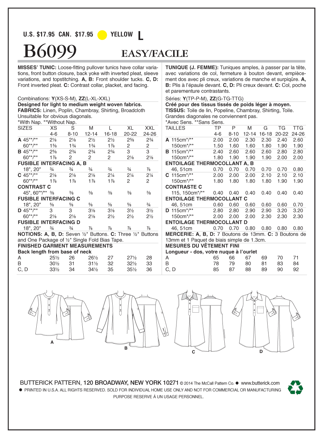 Butterick Sewing Pattern B6099 Misses' Tunic