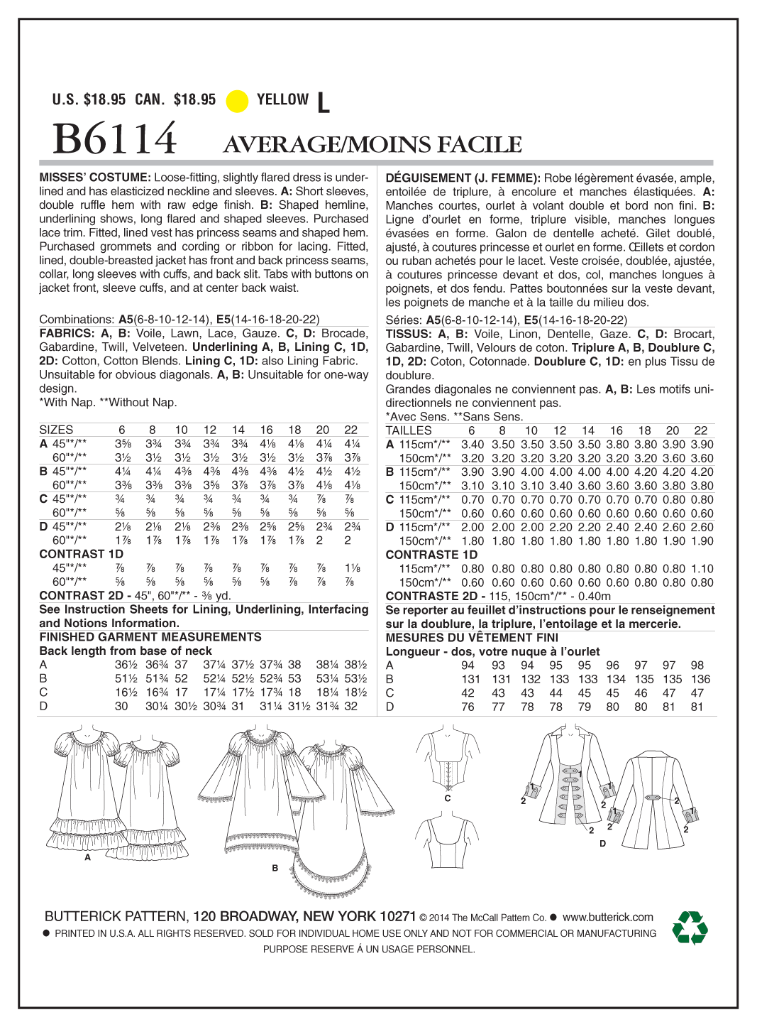 Butterick Sewing Pattern B6114 Misses' Costume