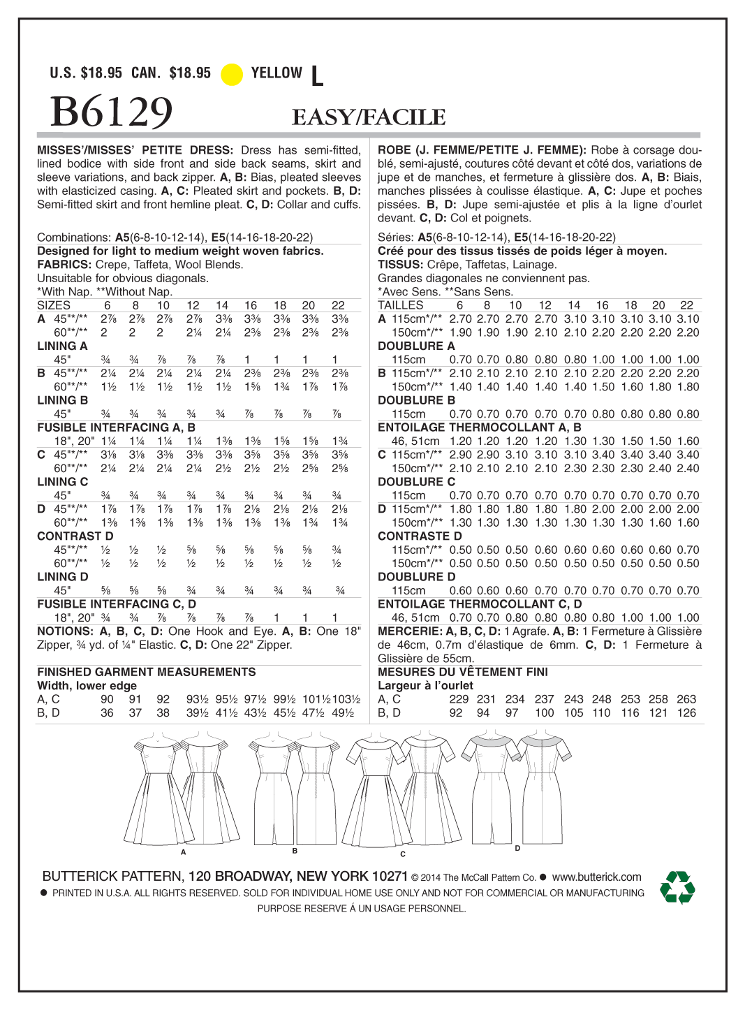 Butterick Sewing Pattern B6129 Misses'/Misses' Petite Dress