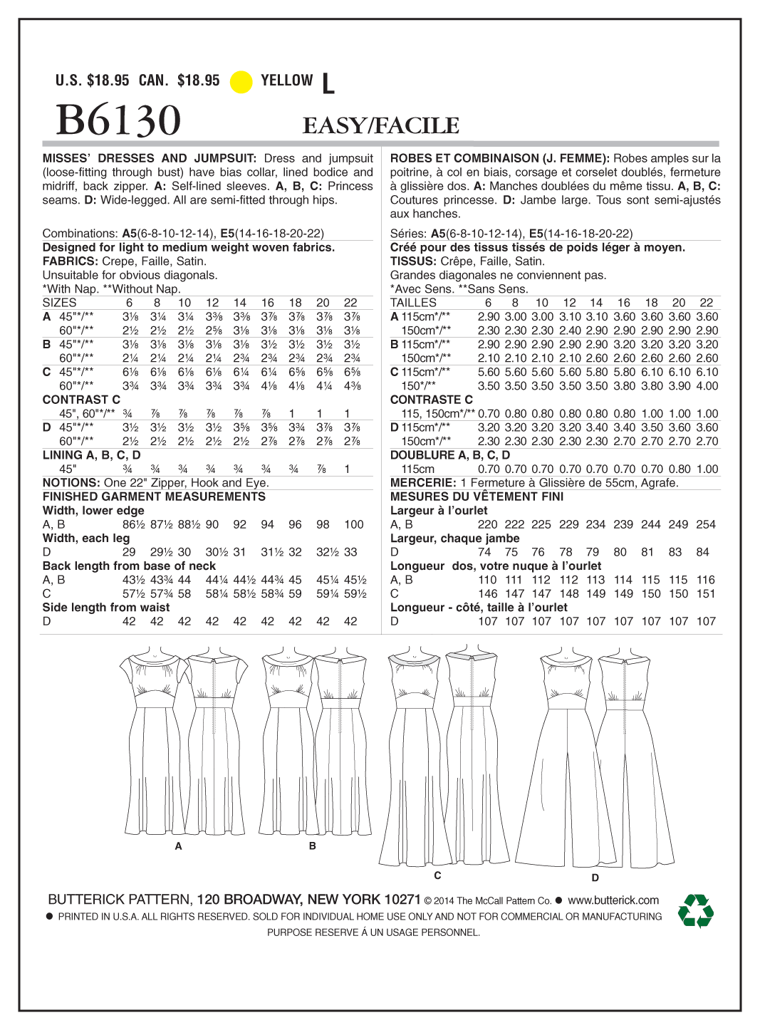 Butterick Sewing Pattern B6130 Misses' Dress and Jumpsuit