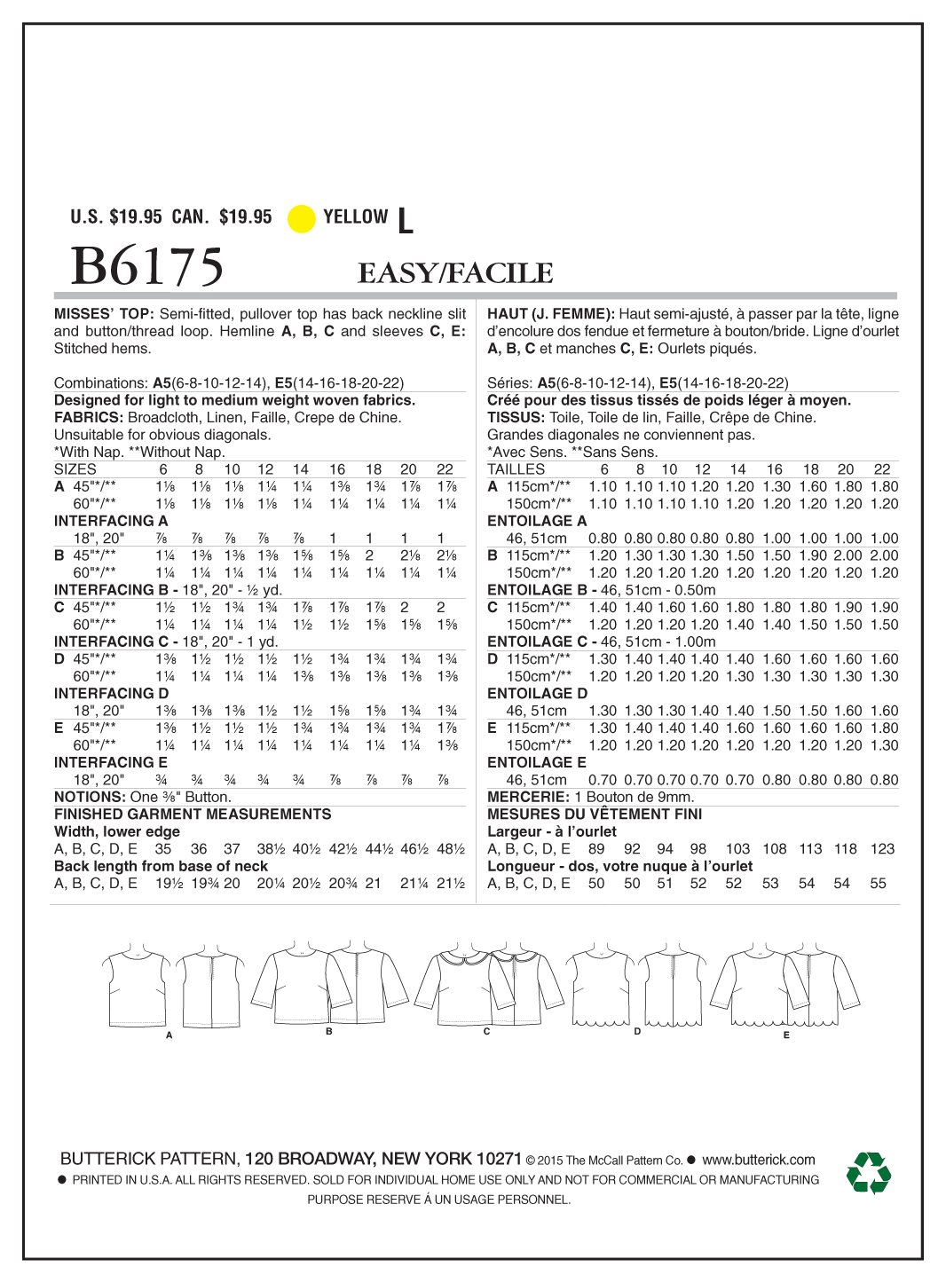Butterick Sewing Pattern B6175 Misses' Top