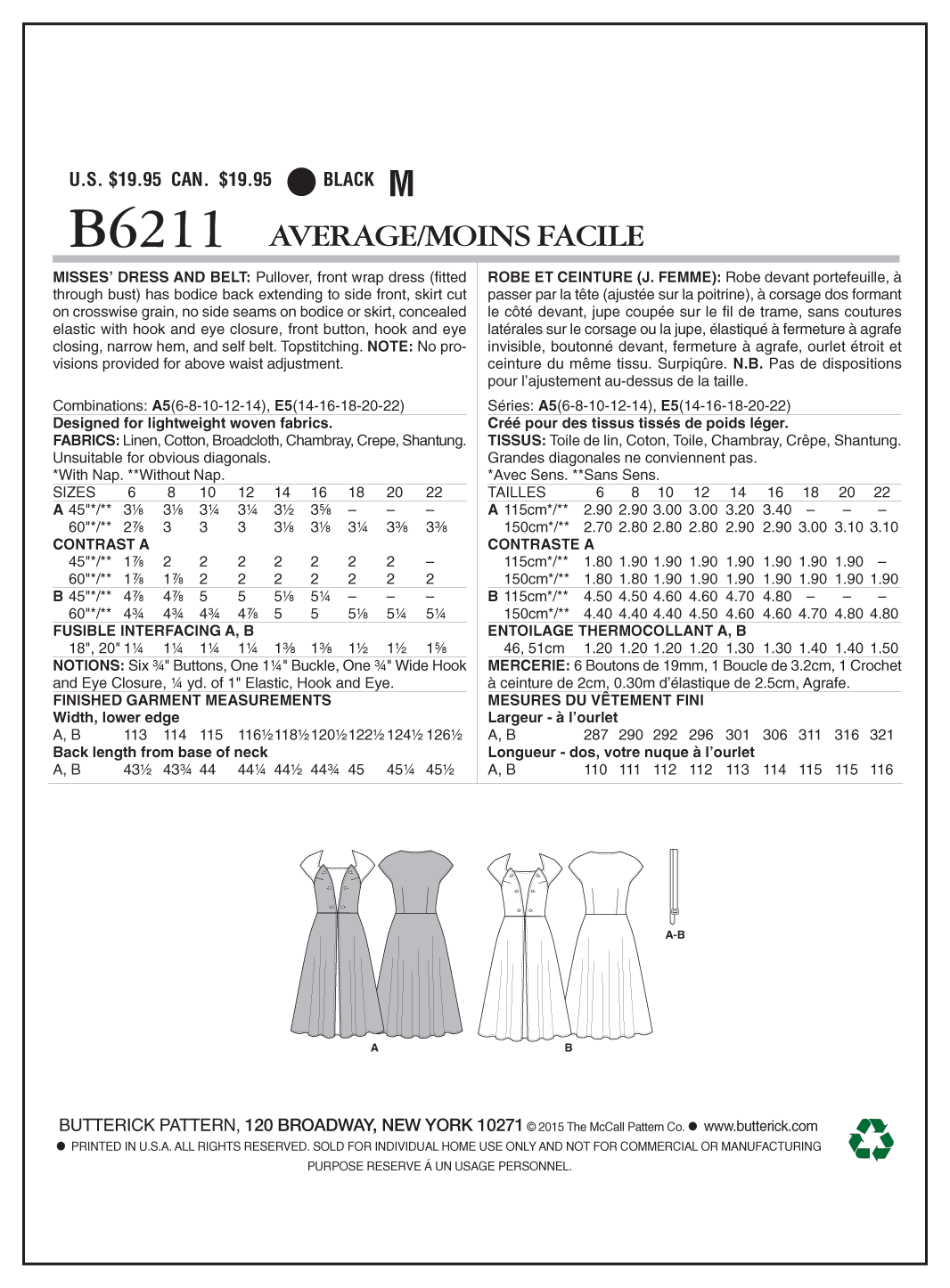 Butterick Sewing Pattern B6211 Misses' Dress and Belt
