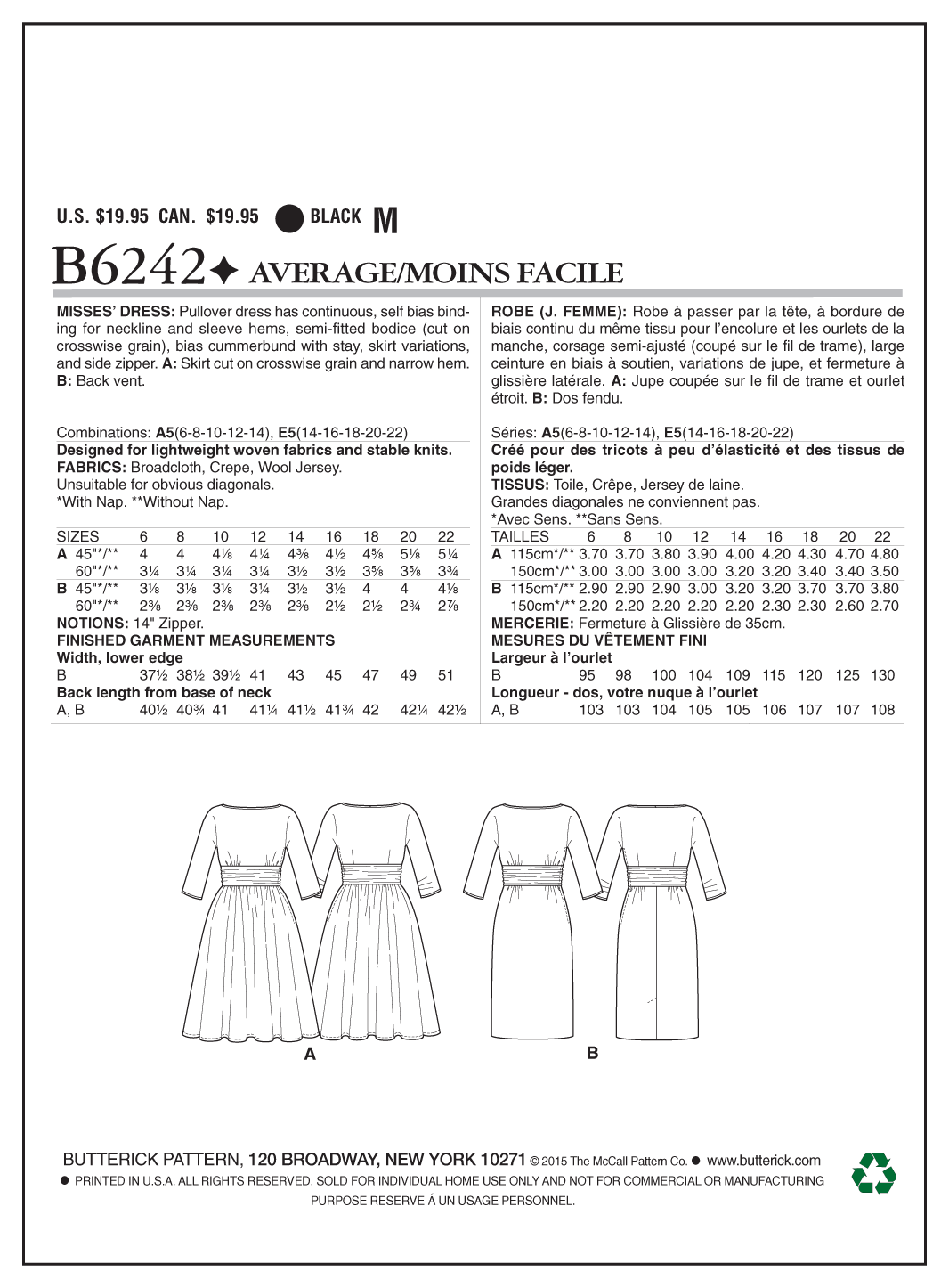 Butterick Sewing Pattern B6242 Misses' Dress