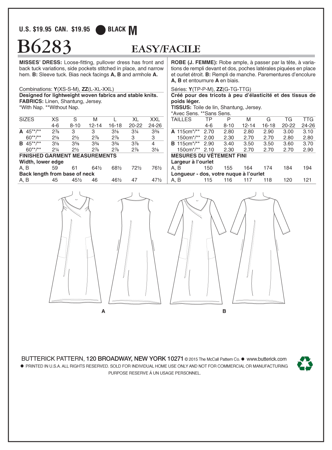Butterick Sewing Pattern B6283 Misses' Dress