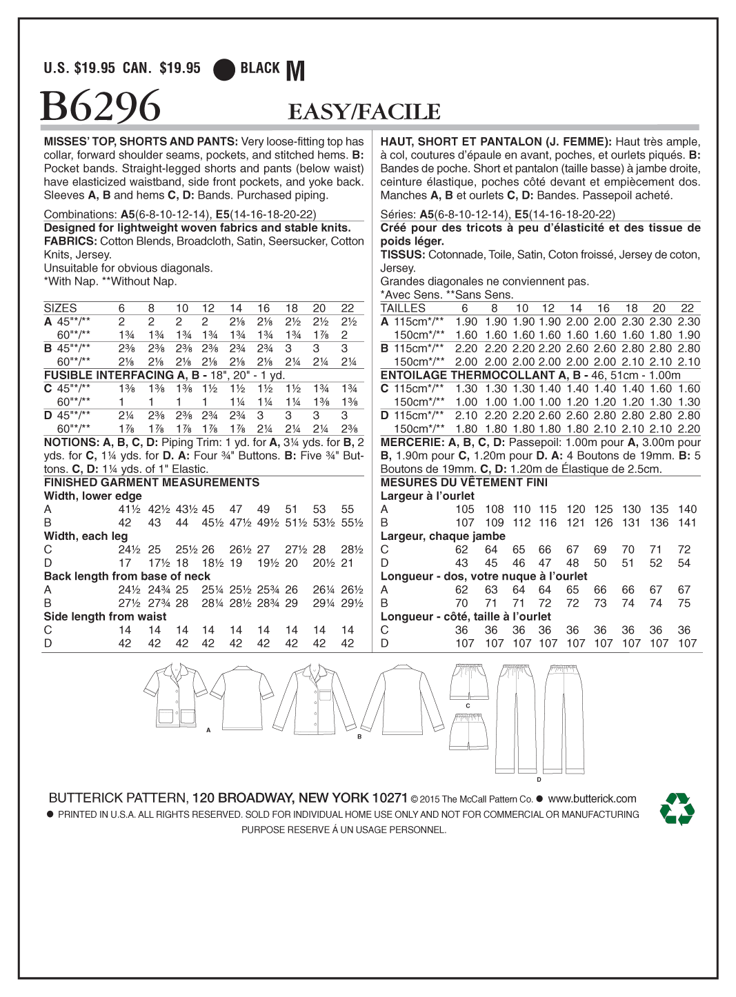 Butterick Sewing Pattern B6296 Lisette Misses' Top, Shorts and Pants