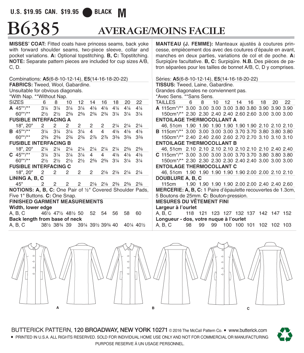 Butterick Sewing Pattern B6385 Misses' Lisette Funnel-Neck, Peter Pan or Pointed Collar Coats