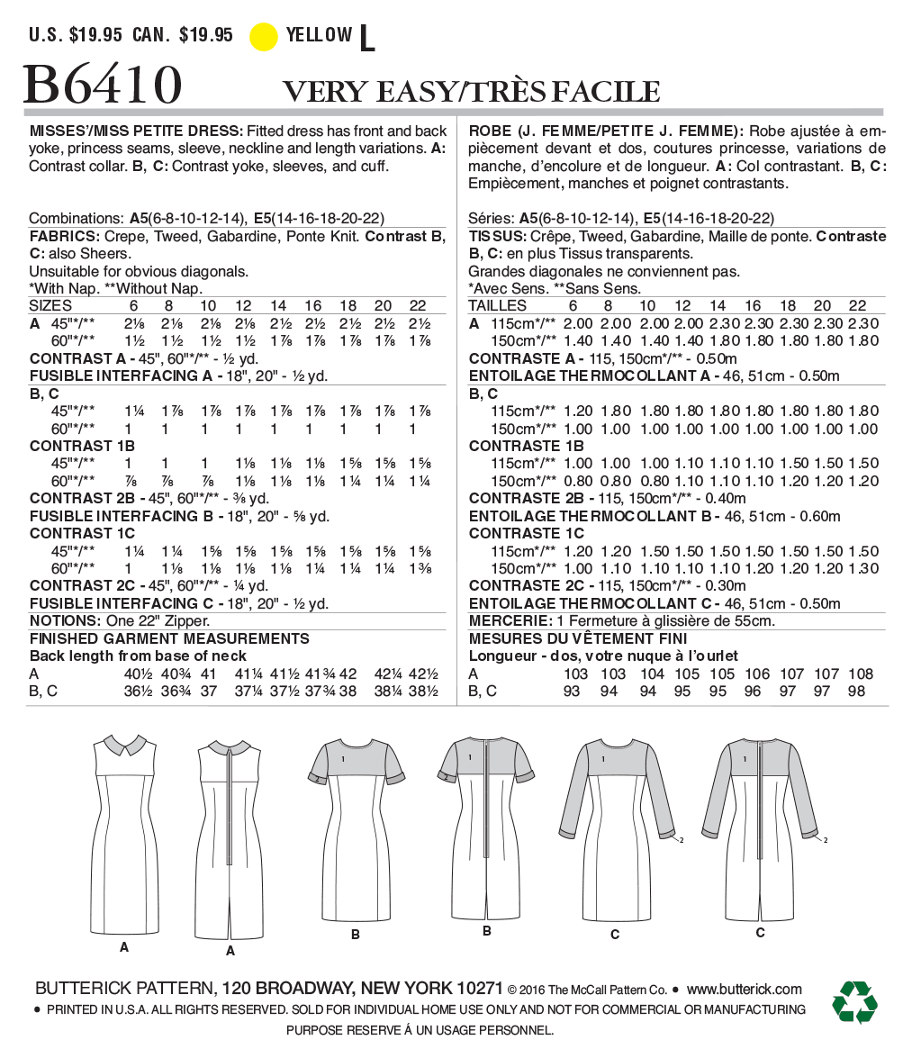 Butterick Sewing Pattern B6410 Misses'/Miss Petite Paneled Dresses with Yokes