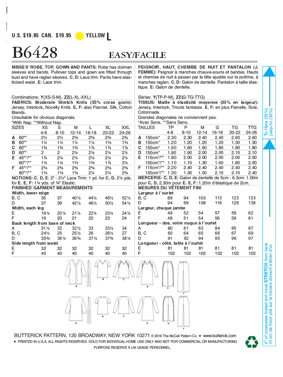 Butterick Sewing Pattern B6428 Misses' Robe, Raglan Sleeve Tops and Gown, and Pull-On Pants