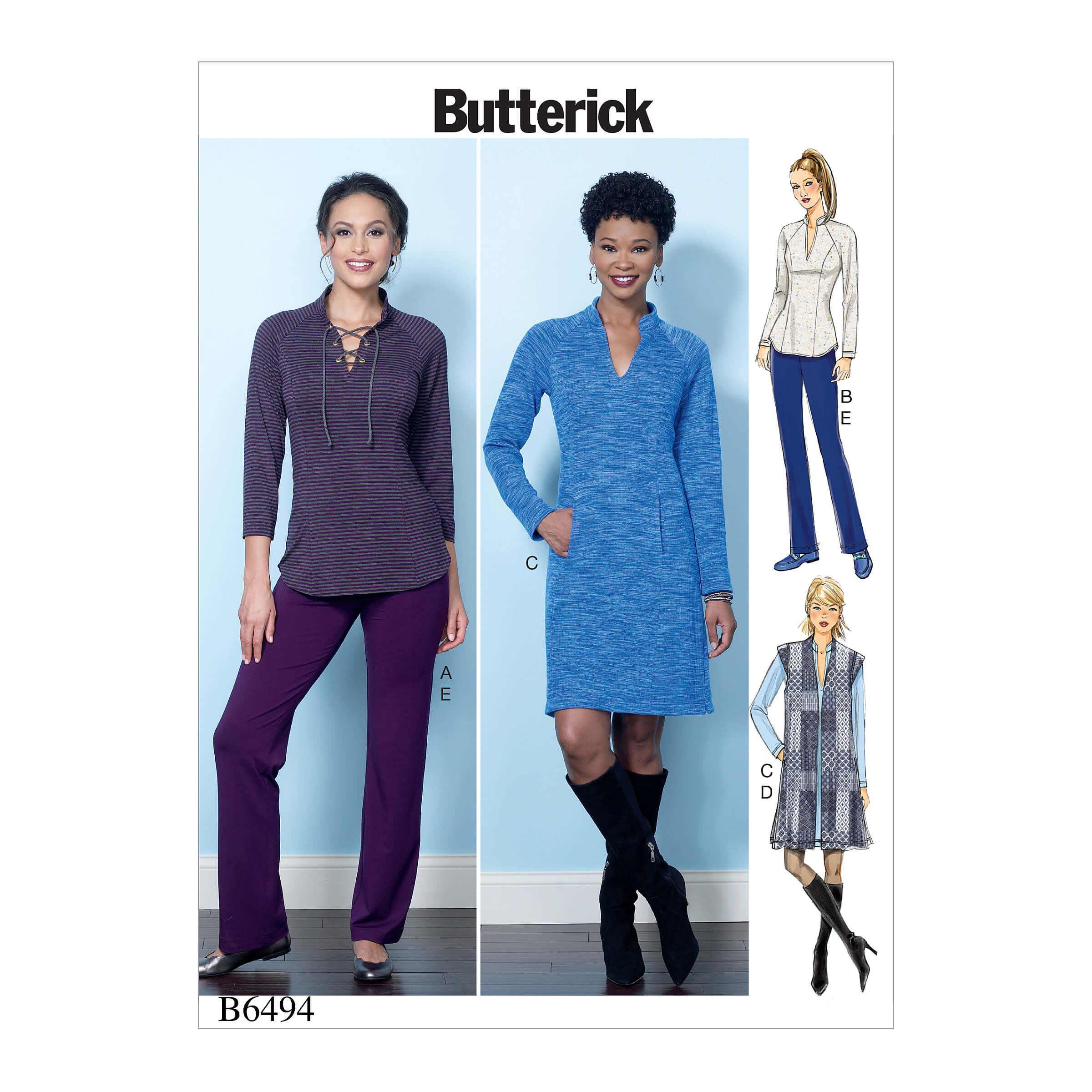 Butterick Sewing Pattern B6494 Misses' Knit Raglan Sleeve Tops and Dress, Vest, and Pull-On Pants