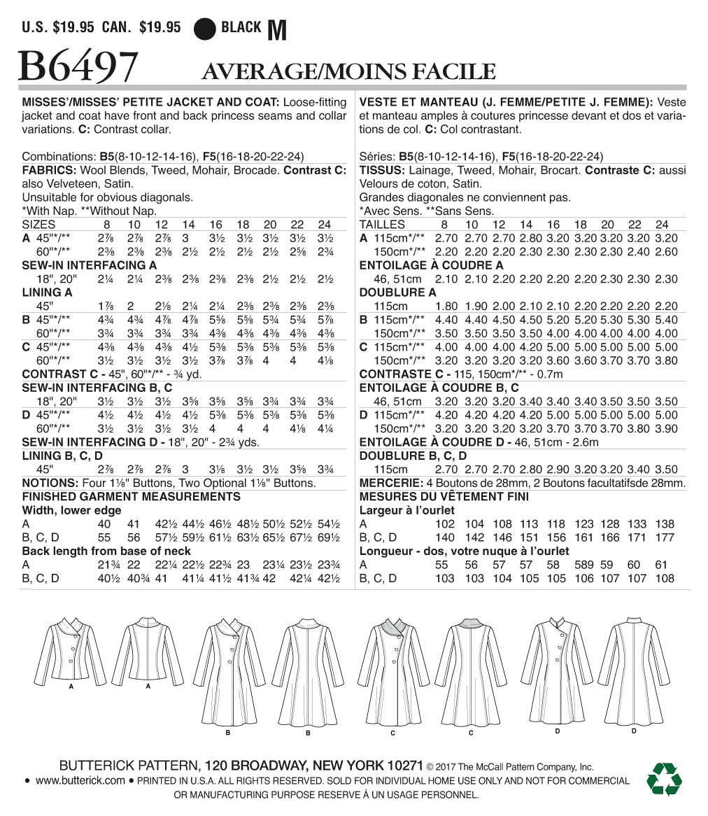 Butterick Sewing Pattern B6497 Misses'/Misses' Petite Jacket and Coats with Asymmetrical Front and Collar Variations