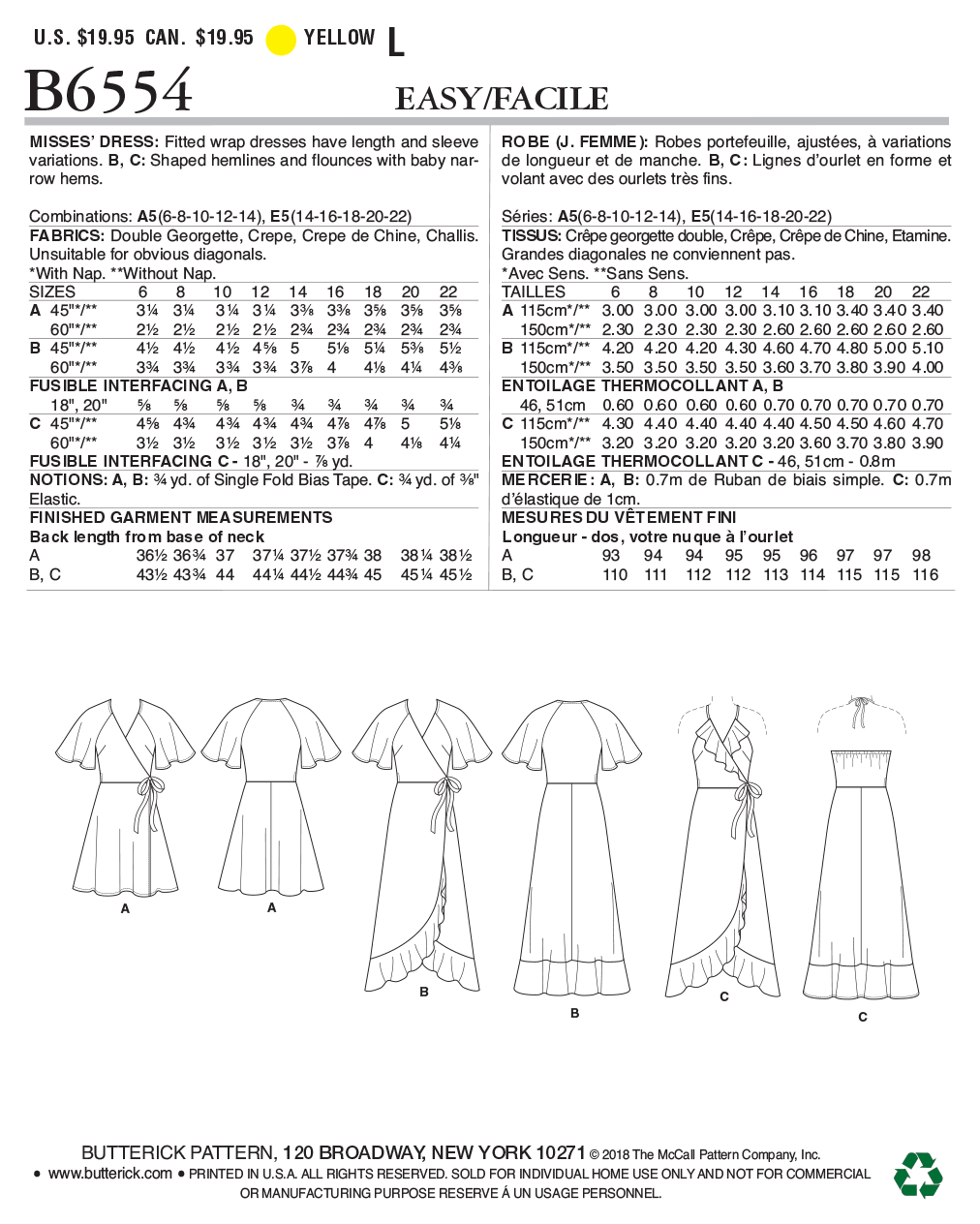 Butterick Sewing Pattern B6554 Misses' Wrap Dresses