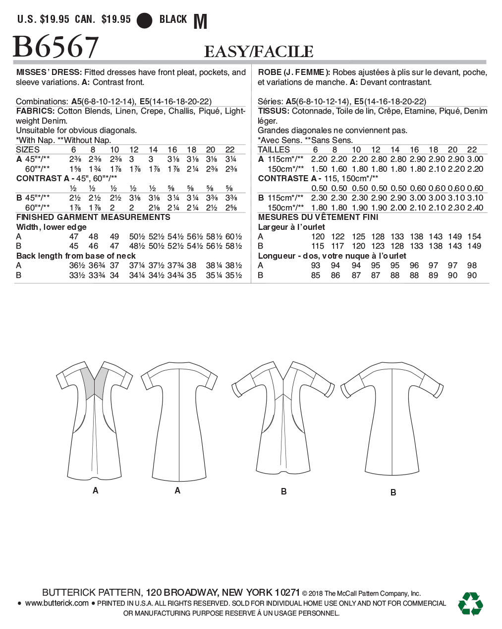 Butterick Sewing Pattern B6567 Lisette Misses' Dress