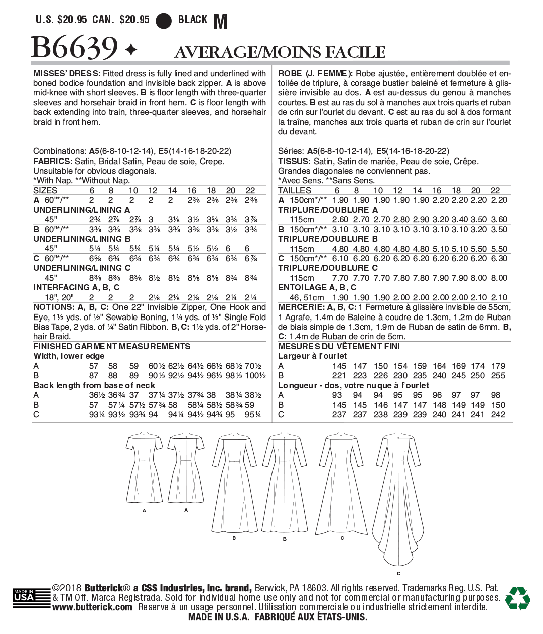 Butterick Sewing Pattern B6639 Misses' Dress