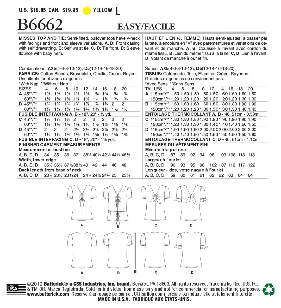 Butterick Sewing Pattern B6662 Misses' Top and Tie