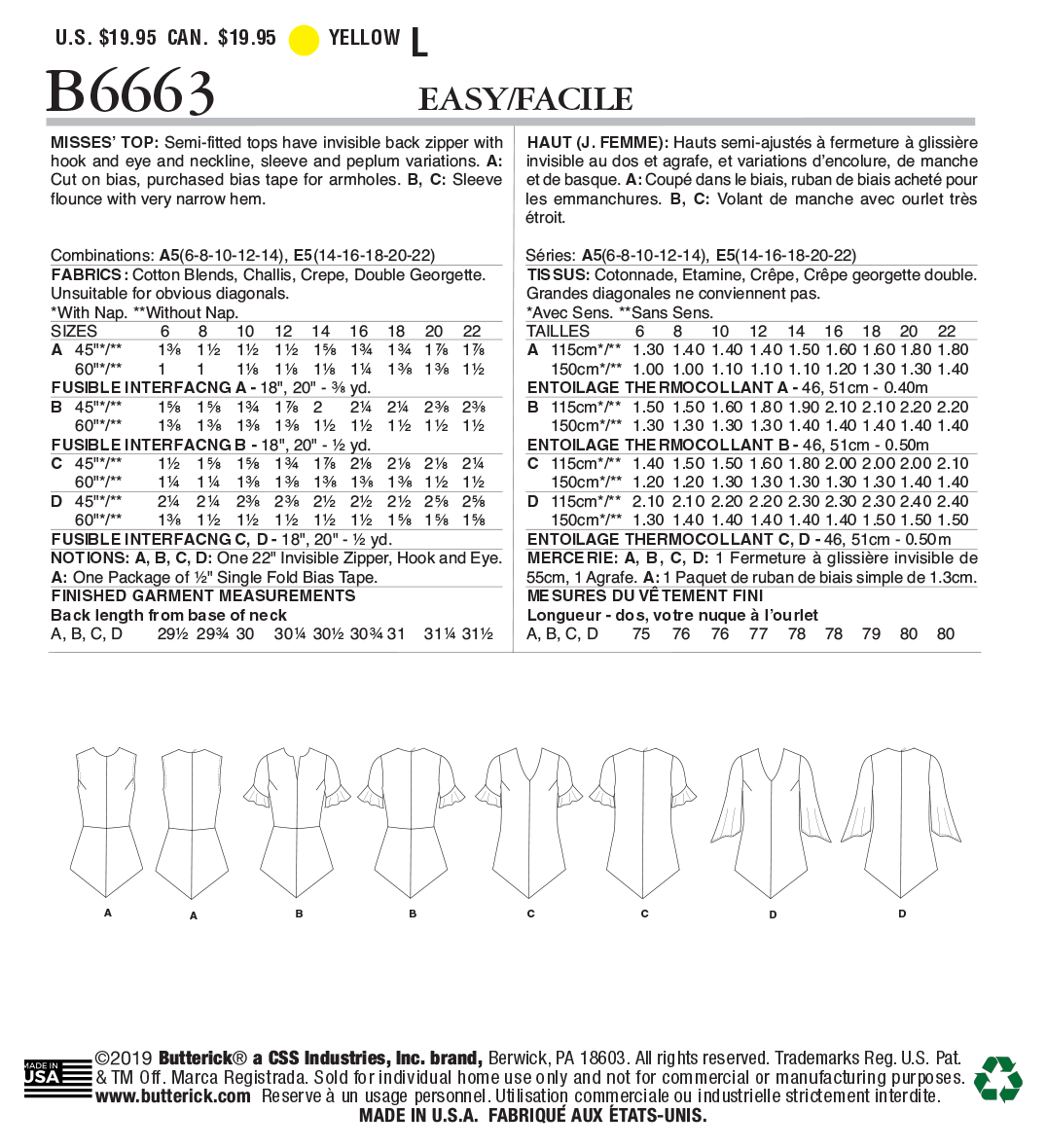 Butterick Sewing Pattern B6663 Misses' Top
